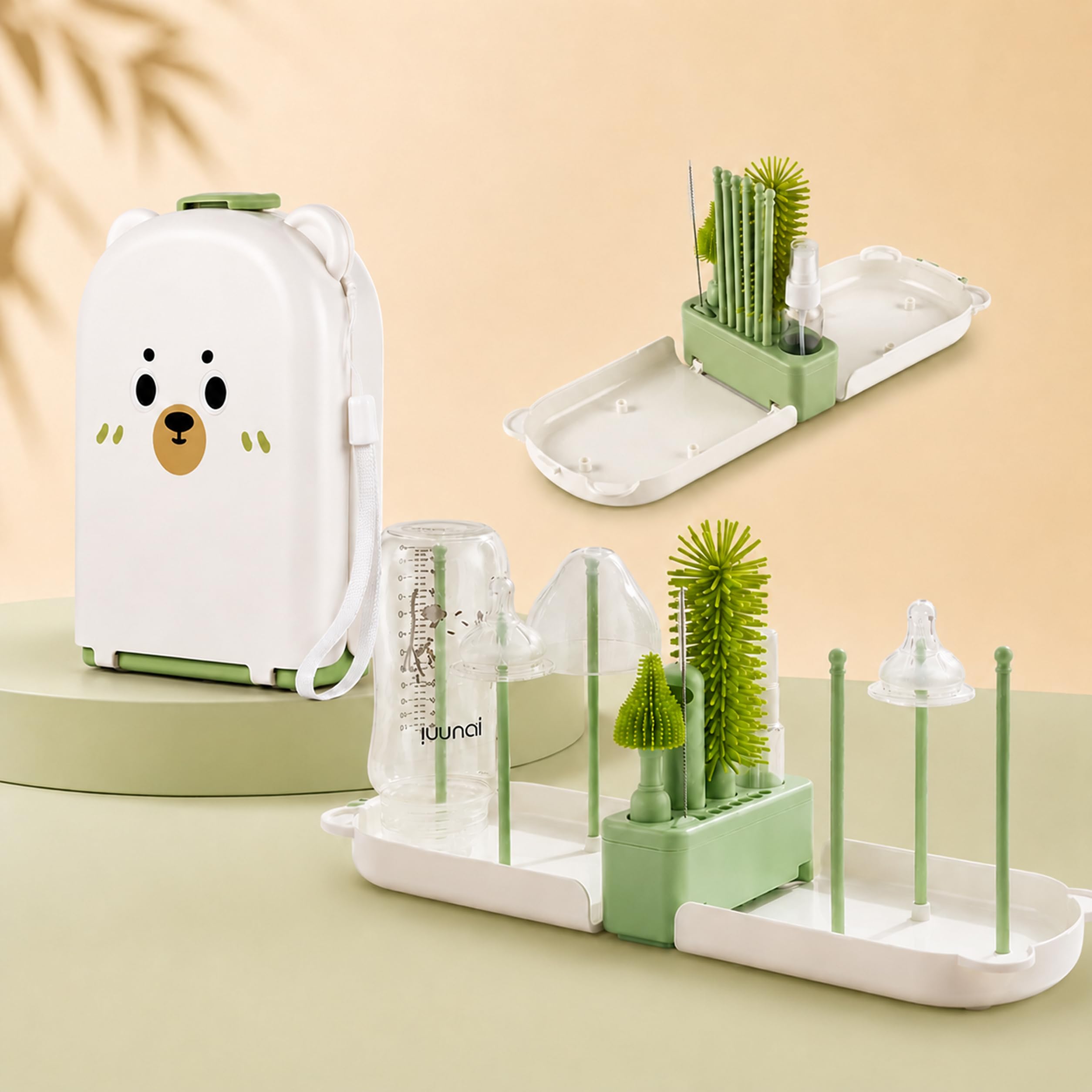 Zoonior 7-in-1 Portable Baby Bottle Cleaning & Drying Kit - Cute Bear Travel Case with Silicone Bottle Brush, Nipple Cle