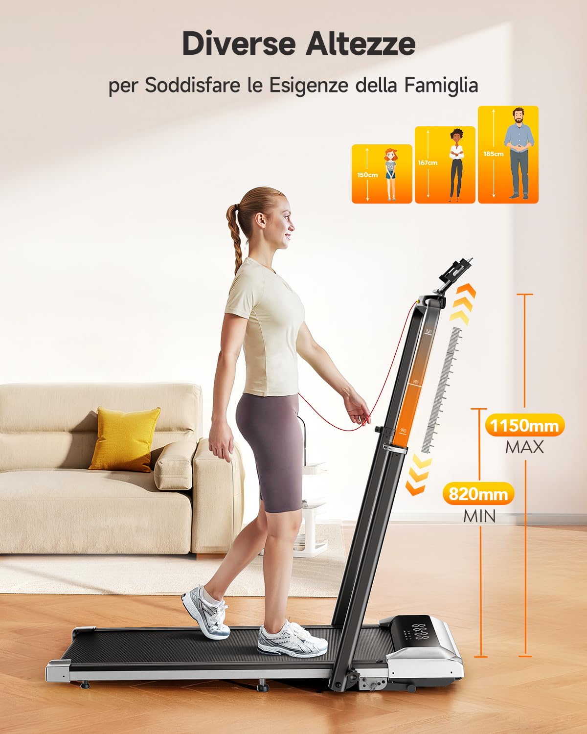 Tapis Roulant Elettrico con 12% Pendenza, 6 in 1 Tapis Roulant Pieghevole, 12km/h, 1150MM Tubo Montante Retrattile, Tubo Montante Rotante, 2.5HP Motore, App e Telecomando