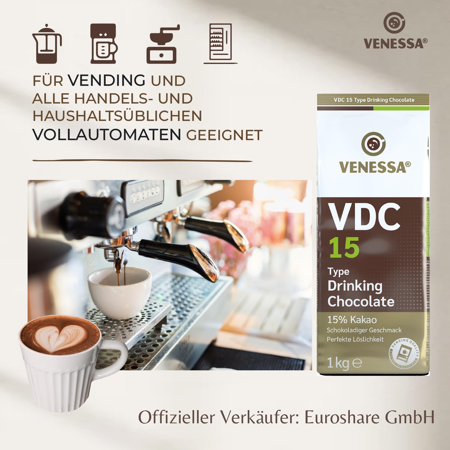 Venessa VDC 9 - Chocolate para beber (5 x 1 kg, 9% de cacao y leche, cacao en polvo para gastro, máquinas expendedoras, ligeramente dulce, agradable