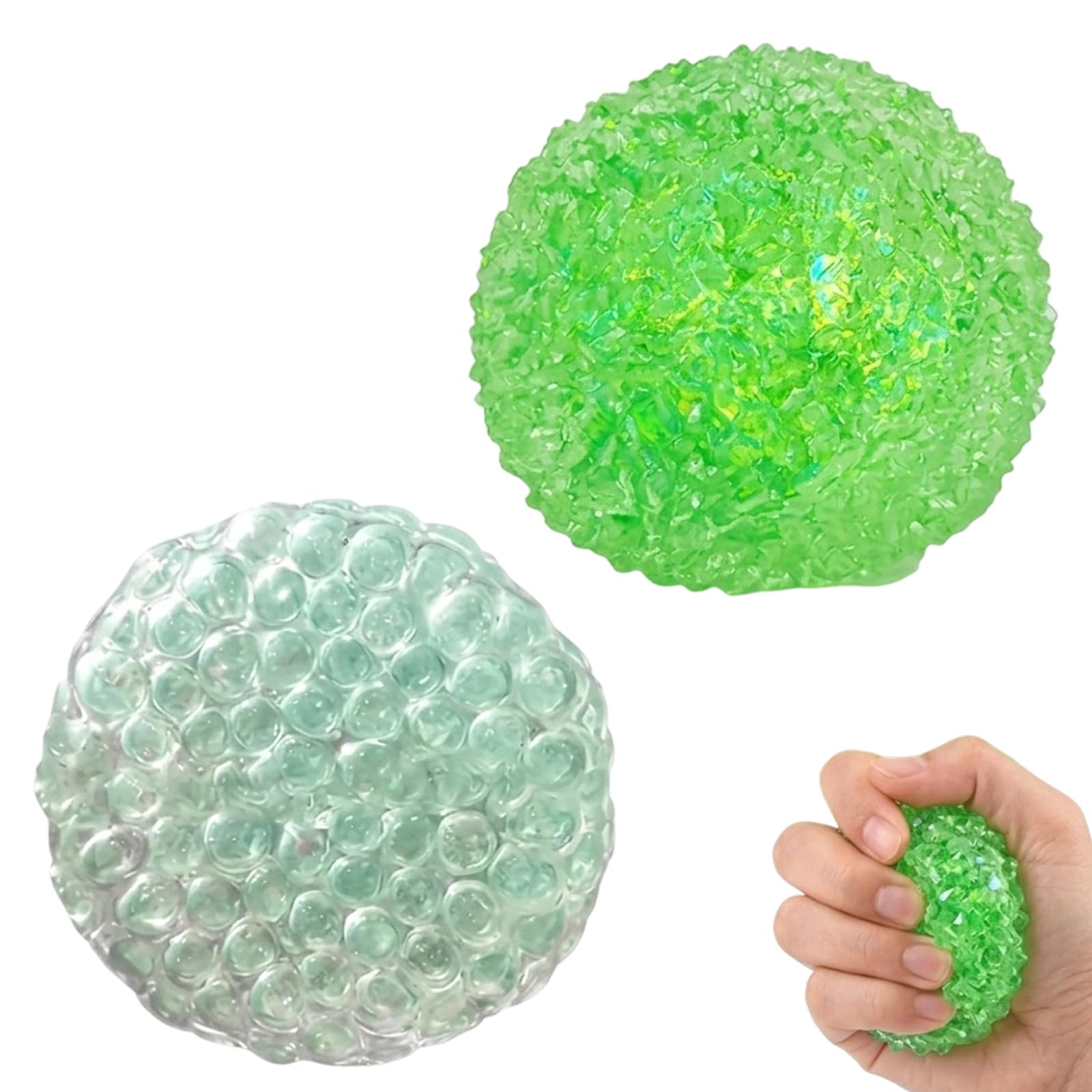 2 PCS Glitter Stress Balls, Glitter Glass Bead Squeeze Ball & Sparkling Green Fuzz Ball, Portable Desk Accessory for Daily Leisure, Office & Travel