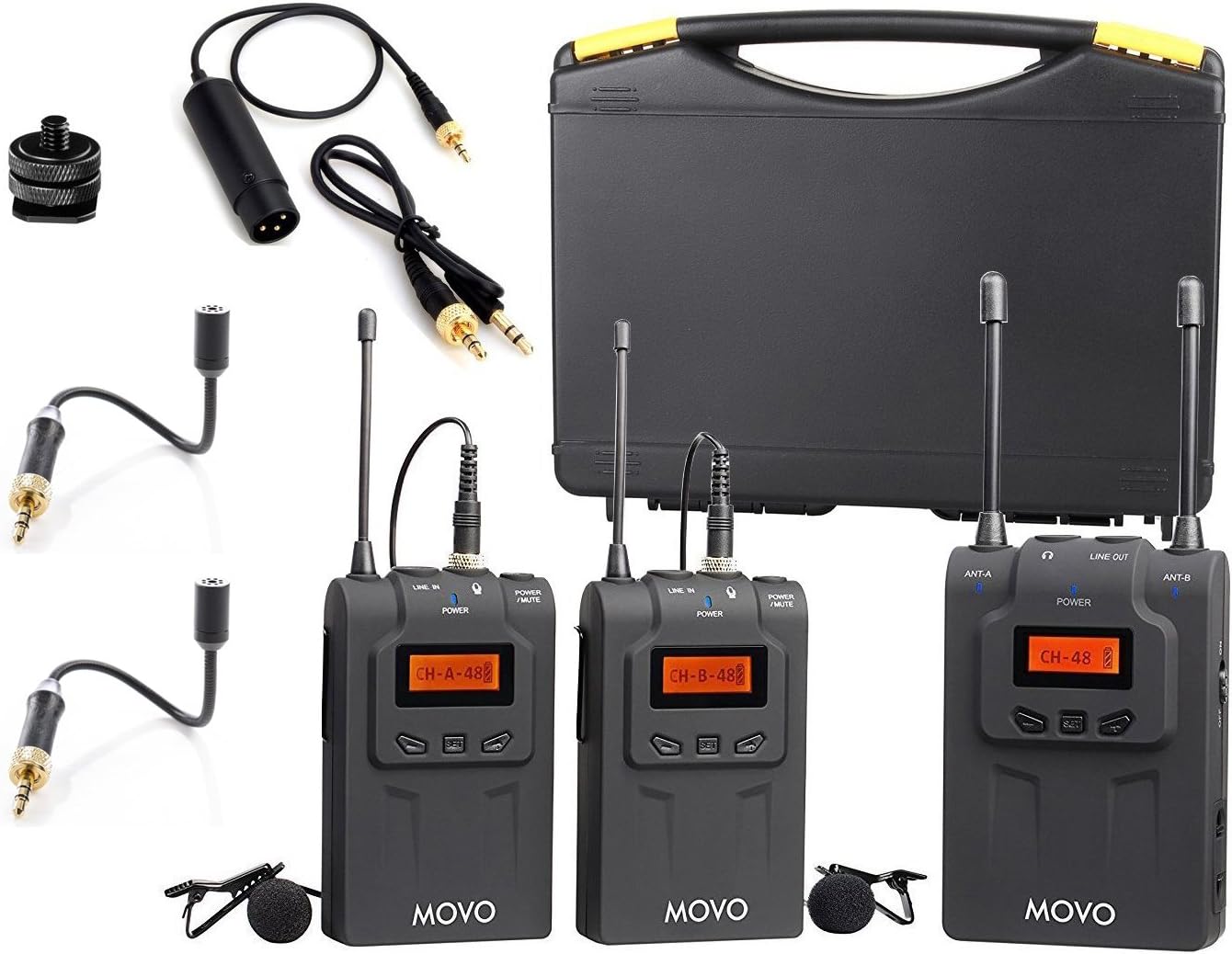 Movo WMIC80 UHF Wireless Lavalier Microphone System with 2 Bodypack Transmitters, Portable Receiver, 2 Lav Mics, and 2 Omnidirectional Gooseneck Microphones for DSLR Cameras & Camcorders