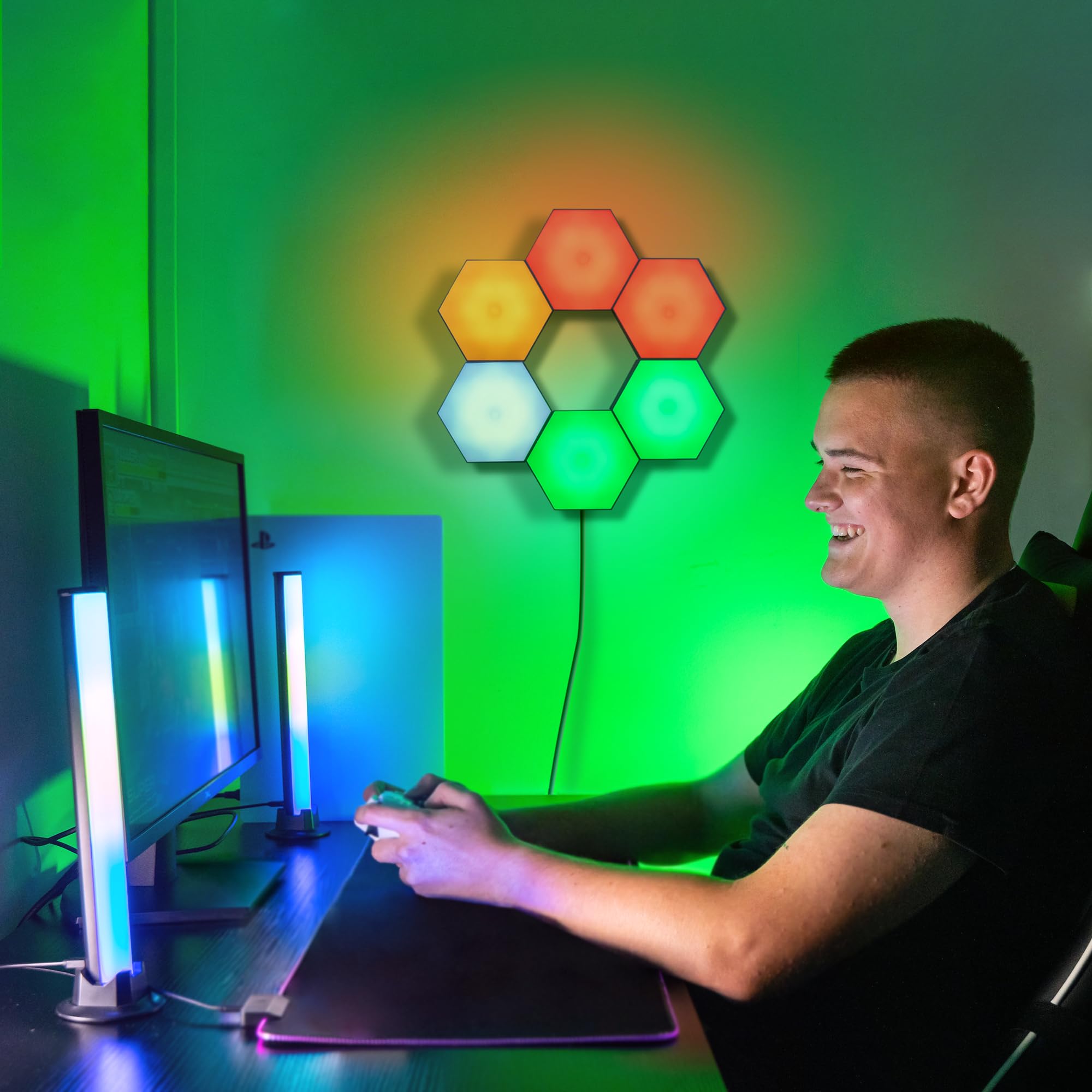 Numskull 6-Piece LED Hexagon Gaming Light Panels, Colour Changing Ambient Lighting via Touch - Image 2