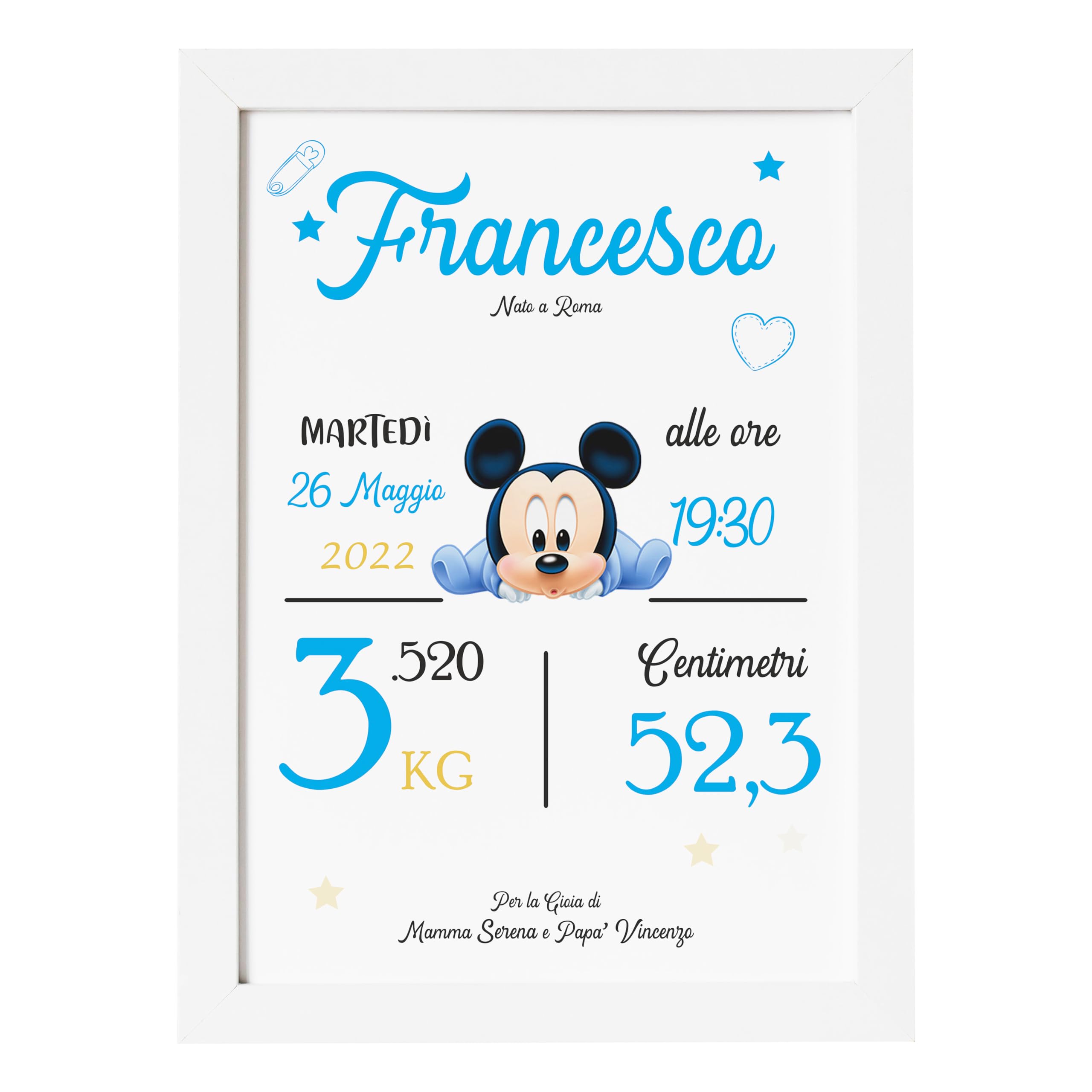 Luglio® - Quadretto Nascita, Cornice Nascita Personalizzata con i Dati del tuo Neonato o Bambino. Idea Regalo per Battesimo, Nascita. Decorazione per Cameretta. 25x20 Cm (Modello 1, Femminuccia)