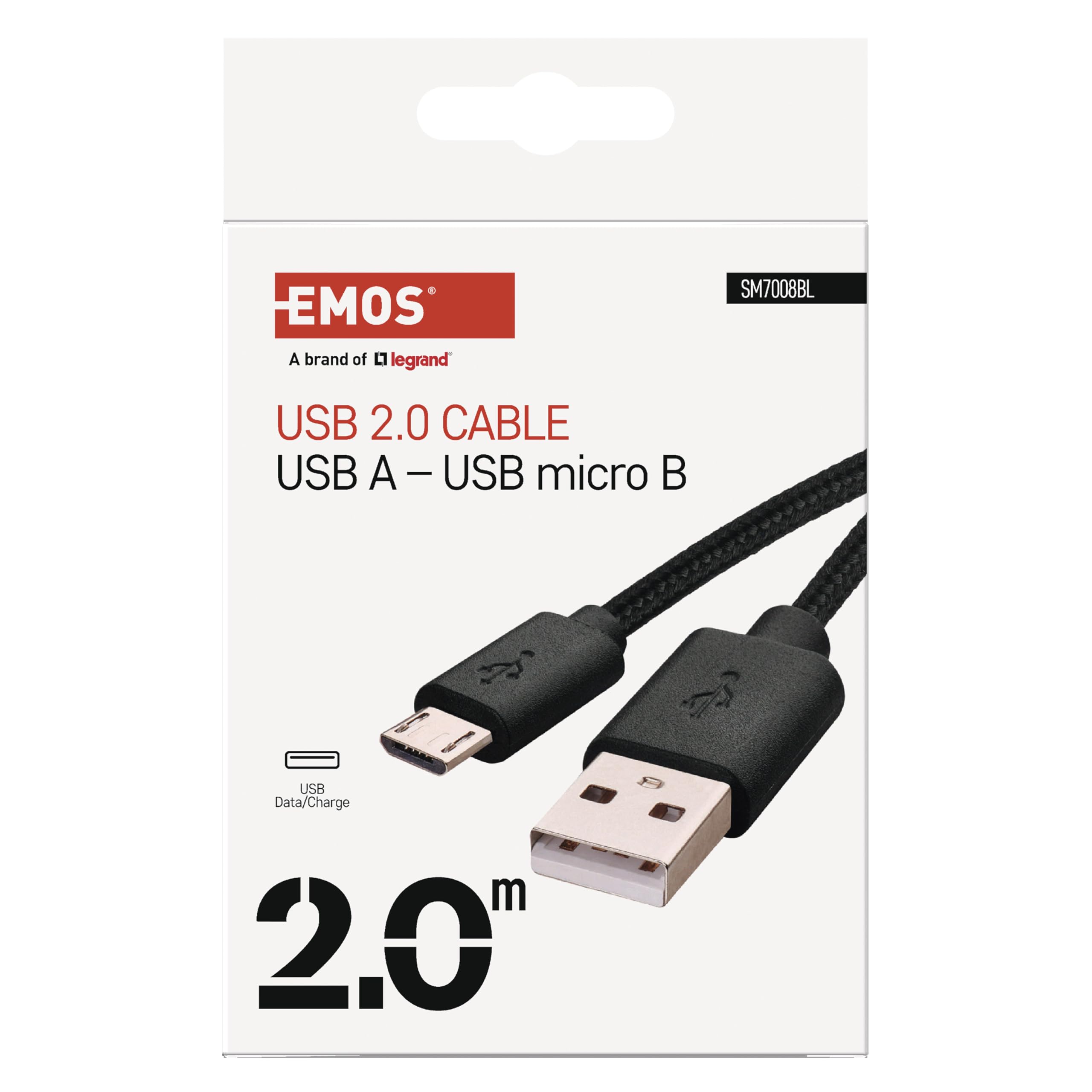 EMOS Kabel do szybkiego ładowania i przesyłania danych, micro-USB na USB-A 2.0, 480 Mbit/s, 2 m, czarny