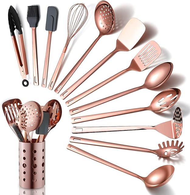 Copper Kitchen Utensils Set,13 Pieces Stainless Steel Cooking Utensils Set With Titanium Rose Gold Plating,Kitchen Tools Set With Utensil Holder For Non-Stick Cookware Dishwasher Safe (13 Packs)