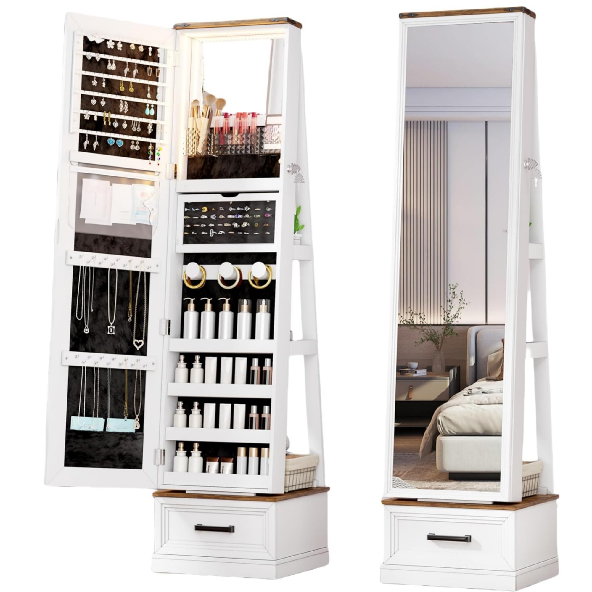 FONTOI Jewelry Mirror Cabinet, 61” Jewelry Organizer with 3 Color LED Light, Standing Jewelry Armoire with Hidden Wheels, 3-layer Storage Shelves with