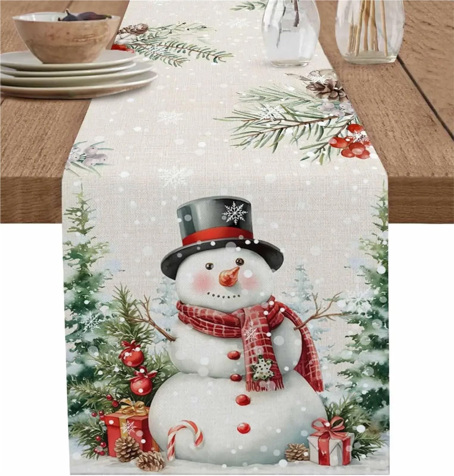 Chemin de table lavable flocon de neige et arbre botanique pour repas de Noël