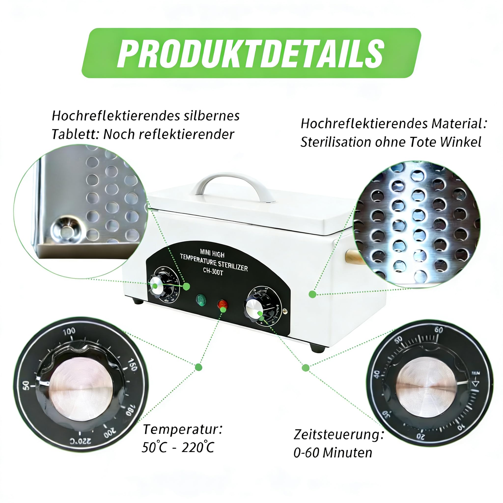 Heißluftsterilisator 1,5L 300W, Trockene Hitze Sterilisatoren für Nagelwerkzeuge 200°C mit Timer & Kontrollleuchte, Hochtemperatur Desinfektionsgerät für Metall Nagelwerkzeuge im Nagelstudio