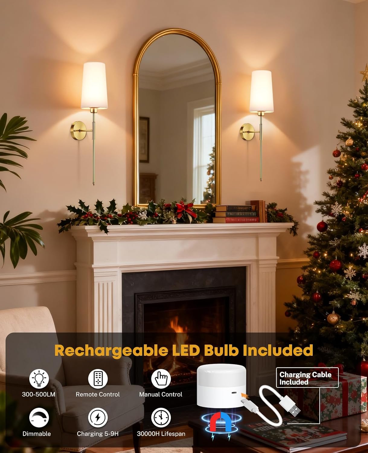 Battery Operated Wall Sconce Set of 2, 13000mAh Rechargeable Battery Powered Sconces with Remote Dimmable Fabric Shade Wireless Sconces Fixture for Bedroom Living Room