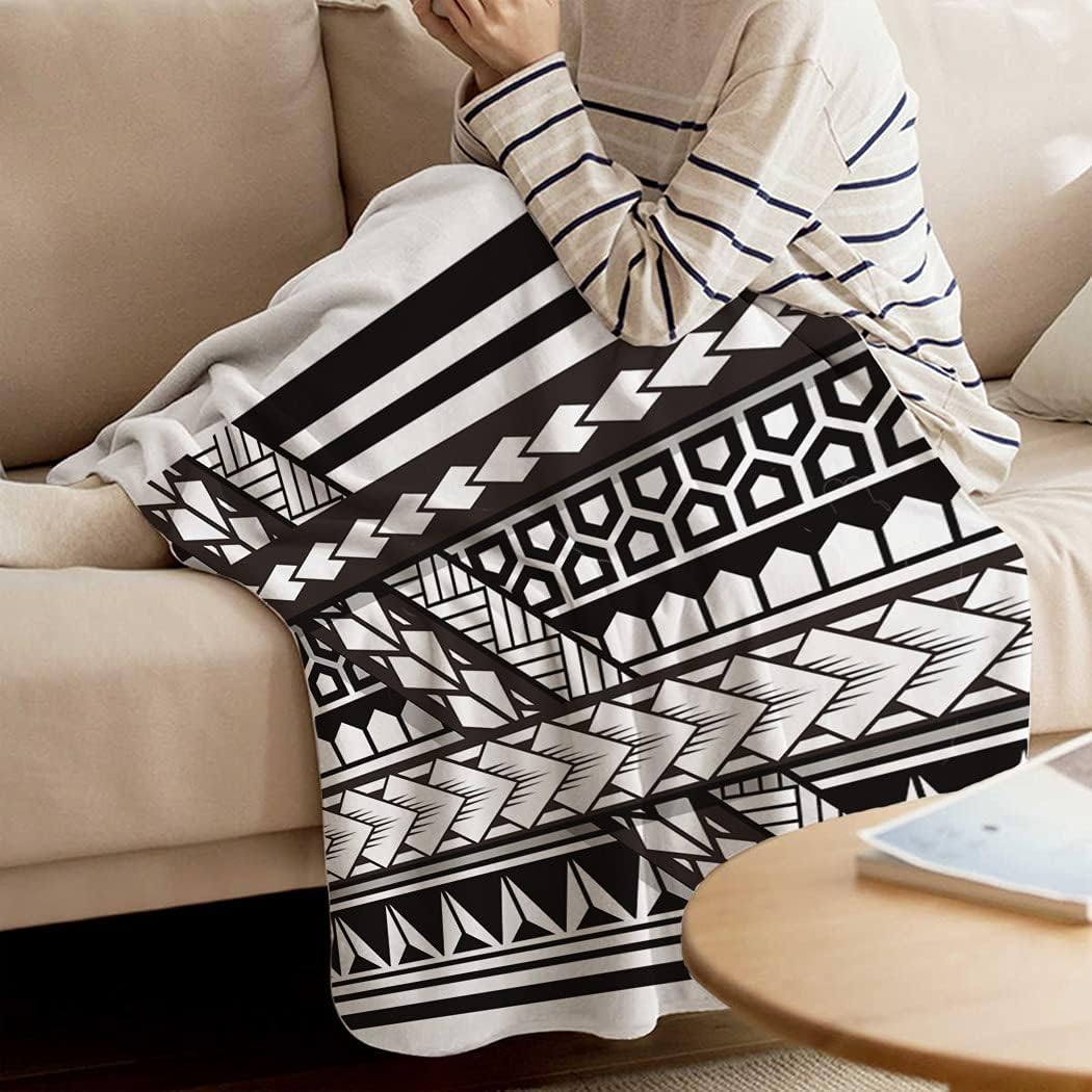 Black and White Throw Blanket Flannel Tribal Tattoo Samoan Band Maori Art Polynesian Texture Ethnic Cozy Blanket Home Blankets Soft Lightweight for Couch Sofa Living Room 40x50 Inch