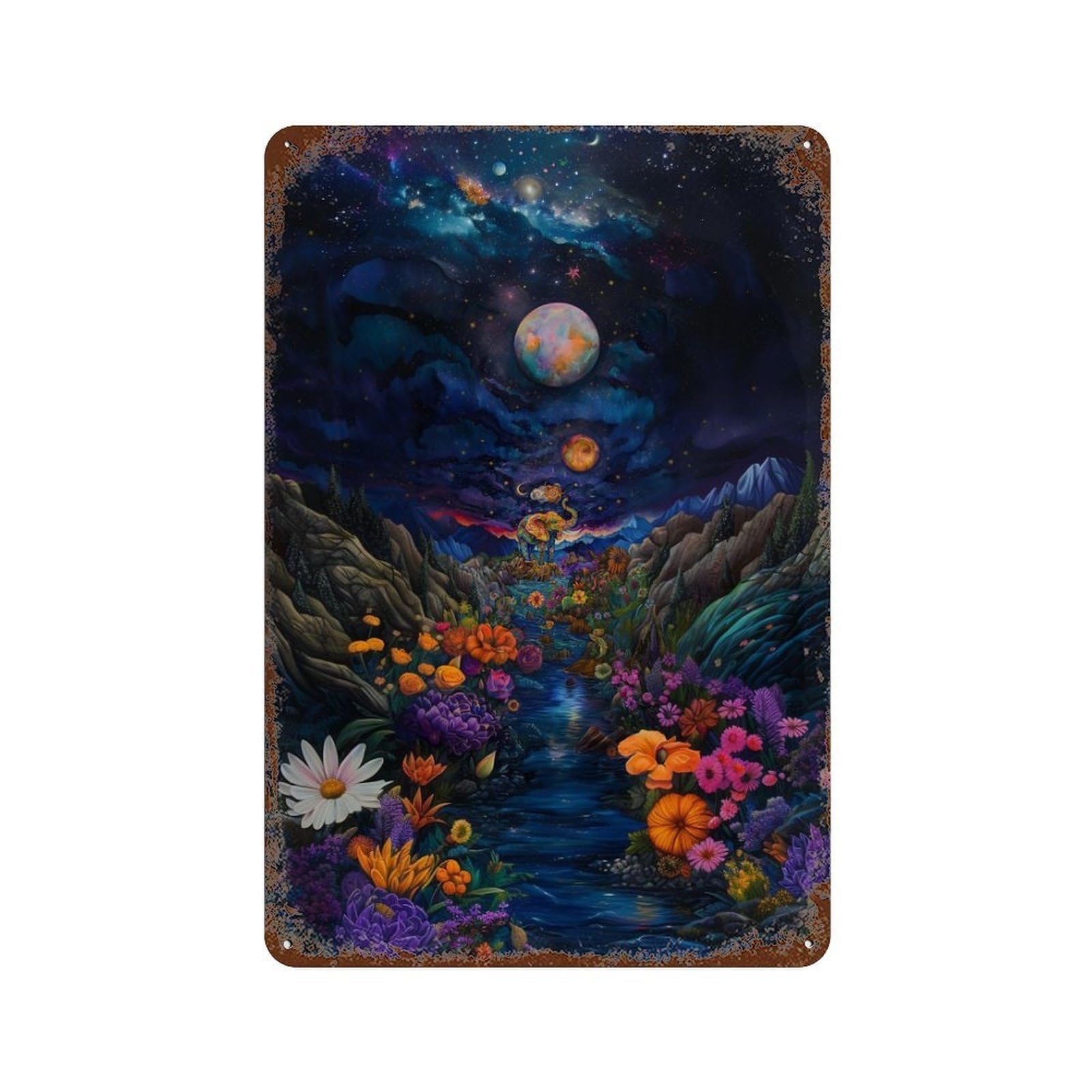 Garage Style Fantasy Forest Stream Night Sky Vintage Rust Metal Sign 11.8"x7.9", Shabby Chic Decor for Bar And Workshop