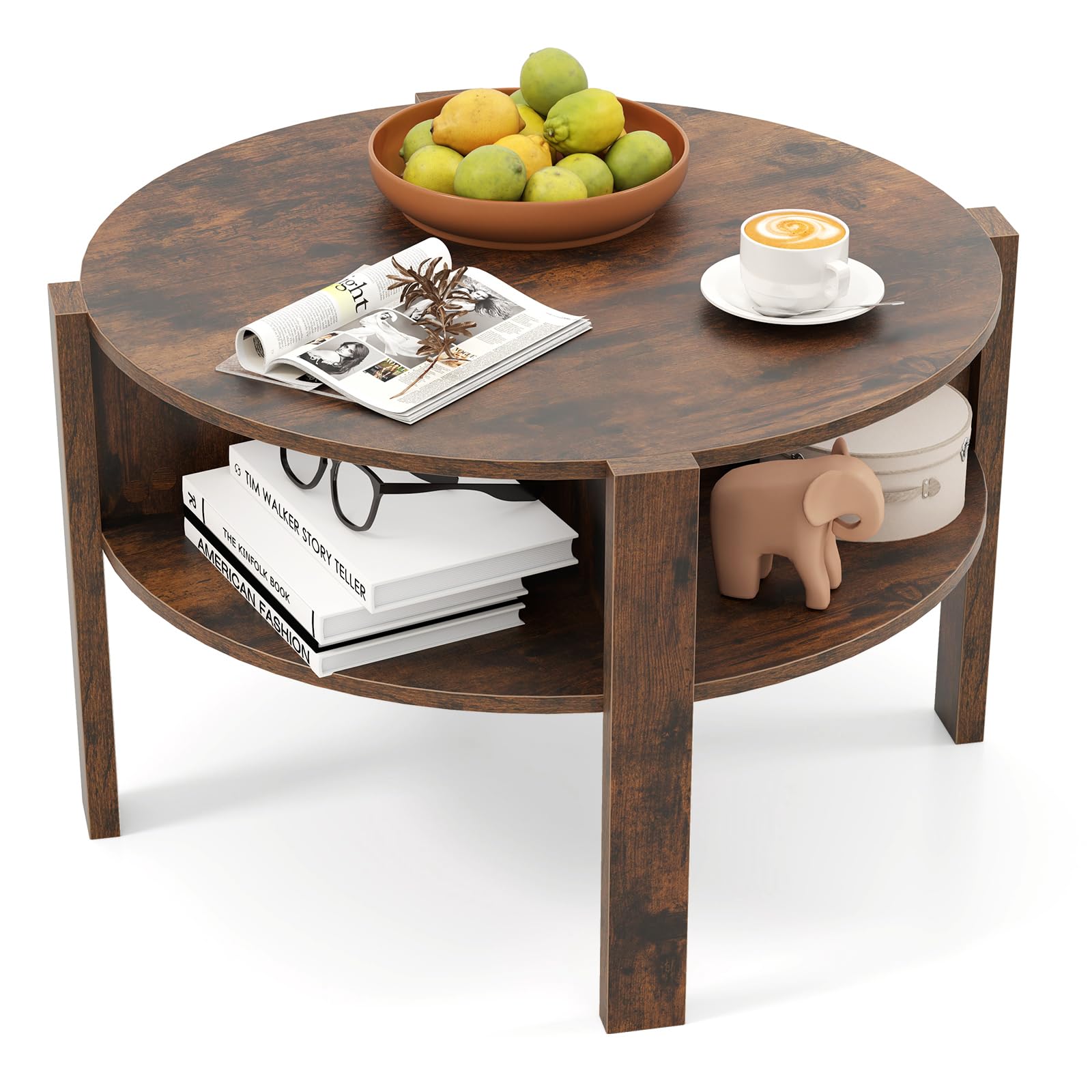 COSTWAY 74cm Round Coffee Table, 2-Tier Cocktail Center Accent Tea End Sofa Side Table with 4 Open Storage Shelves for Living Room Bedroom Office (Rustic Brown)