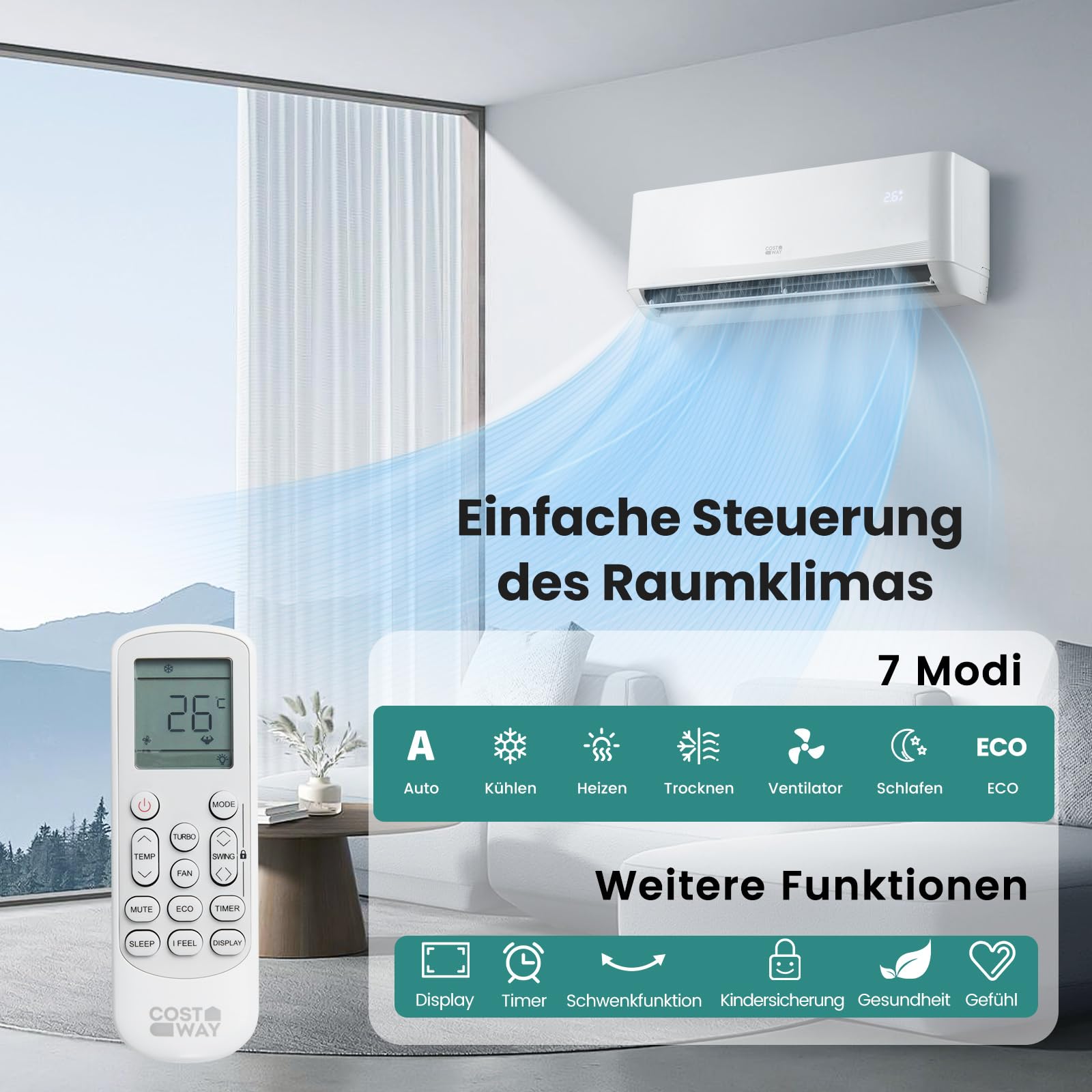 COSTWAY 12000BTU Split Klimageräte, 3,4kW Air Conditioner mit Abluftschlauch, Kältemittel R32, Selfclean