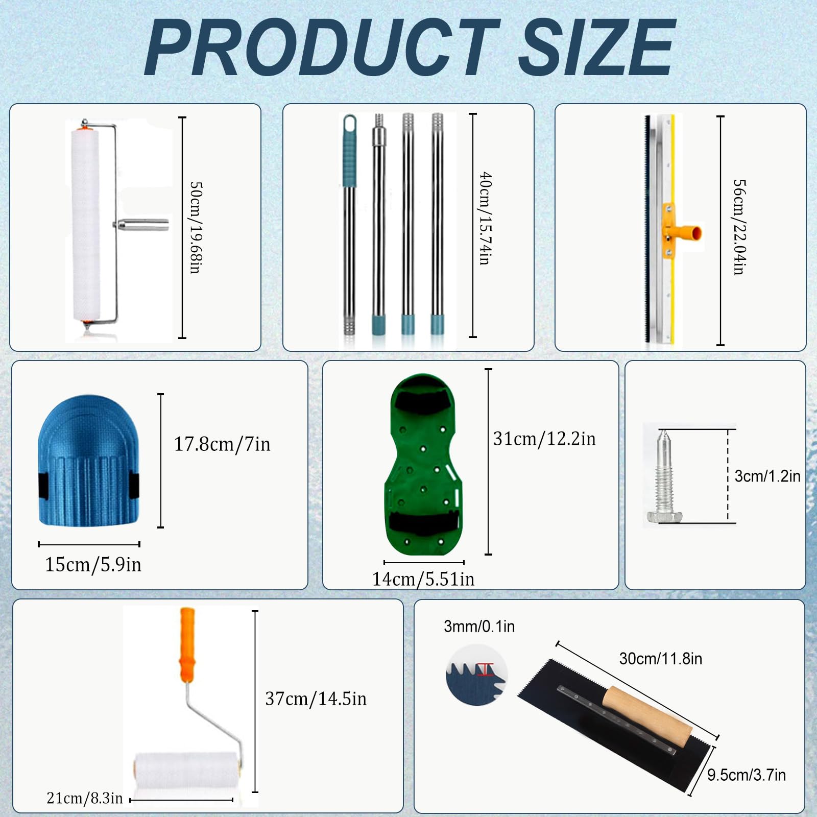 Bodenbeschichtung Set, Ausgleichsmasse Boden Werkzeug Set, mit Stachelwalze 50cm, Farbroller, Edelstahl Spachtel 56cm, Nagelschuhe, Abnehmbarem 1,6 m Verlängerungsgriff