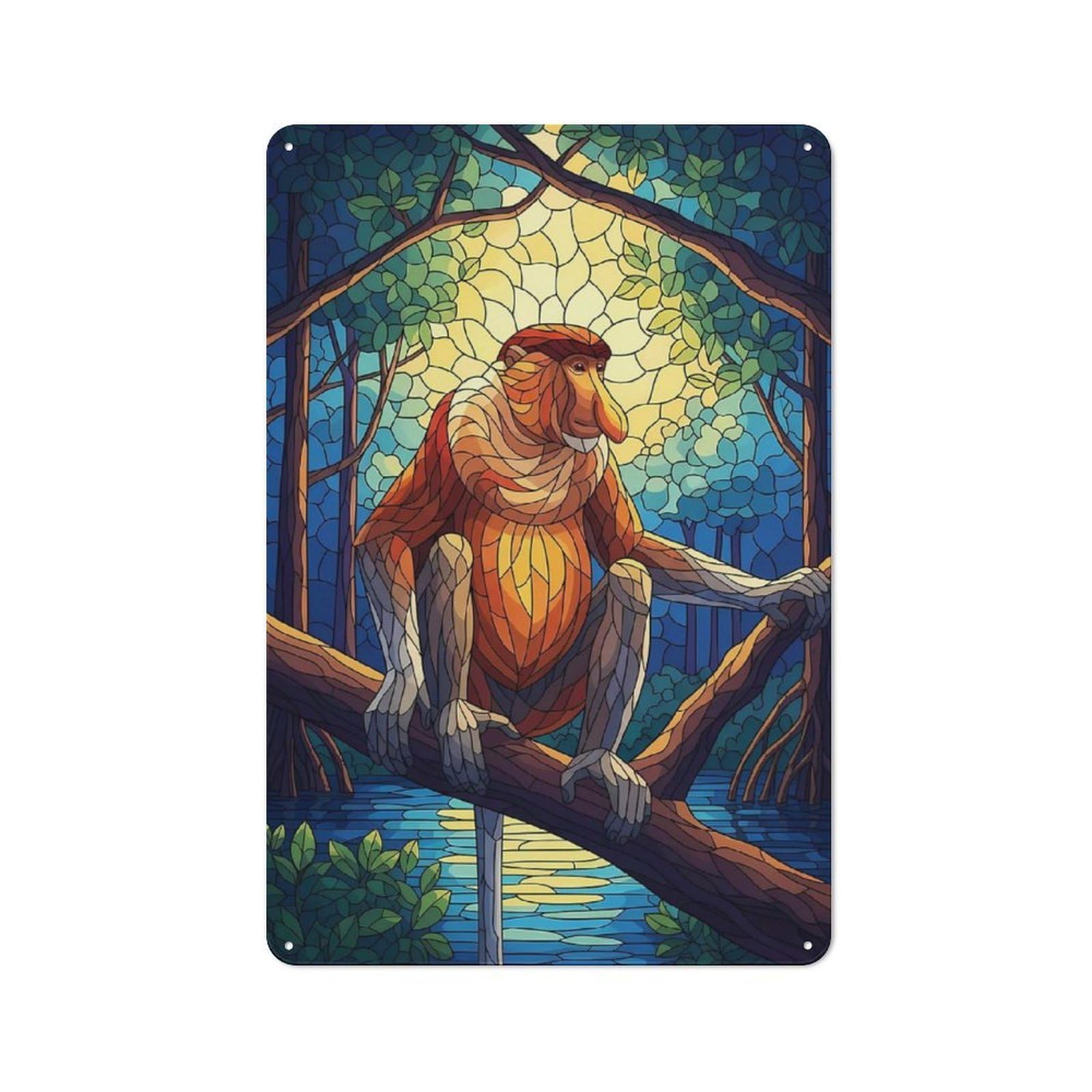 Junmoney Proboscis Monkey Stained Glass Illustration Metal Wall Sign 30X20cm Featuring For Pub Or Café, For Pub Decor Enthusiasts, For Retro Home Interiors