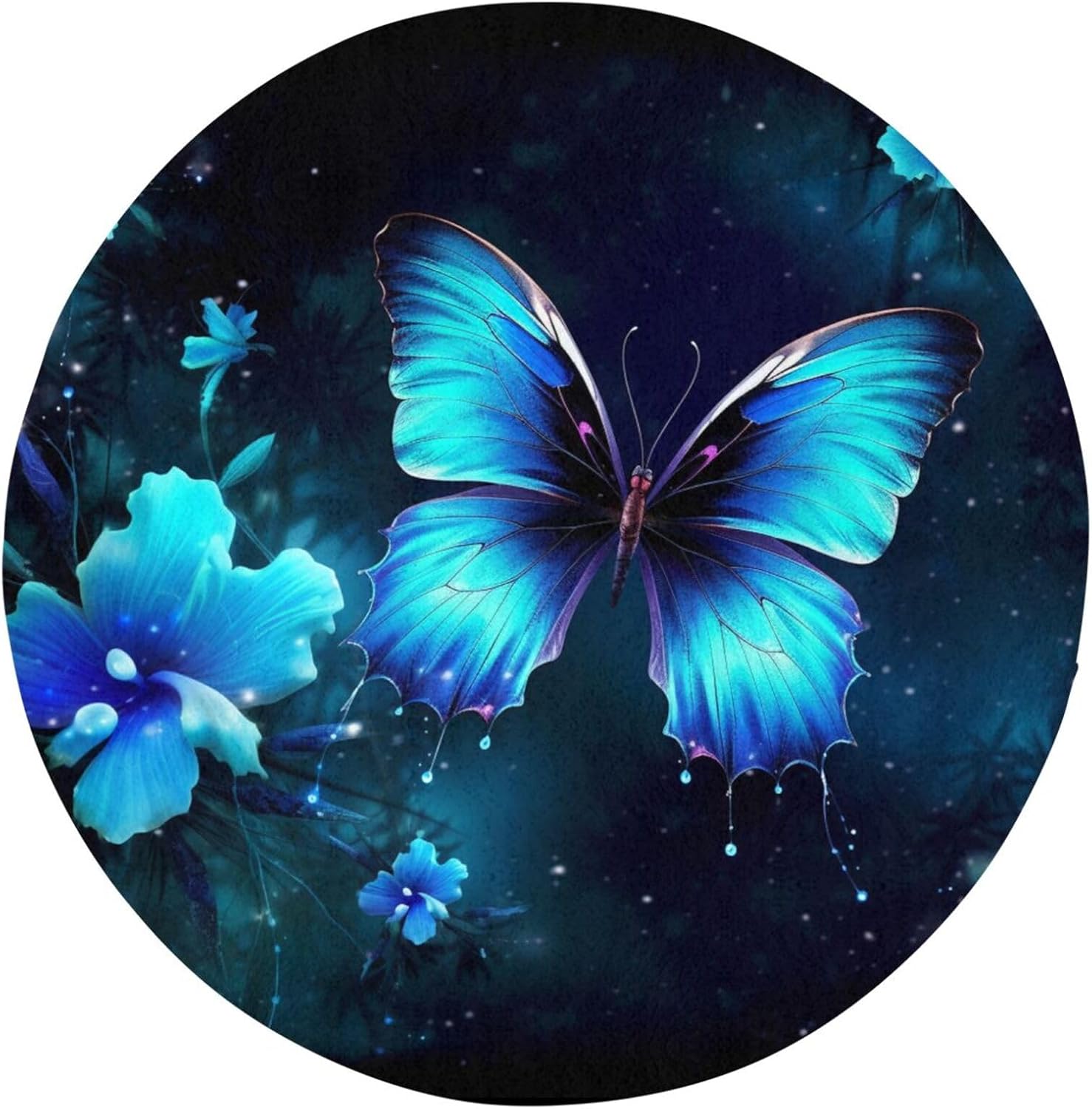 Blue Butterfly Print Round Area Rug Flannel Non-Slip Washable Soft Carpet Floor Mat Home Decor for Living Room Bedroom Study