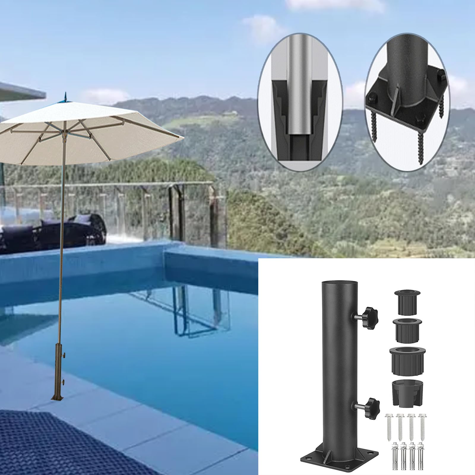 Questo Morsetto per Base di Supporto per ombrellone da Esterno – Supporto Regolabile per tavoli, terrazze, pontoni e ringhiere – Copertura per Foro in Metallo Resistente per Uso in Giardino
