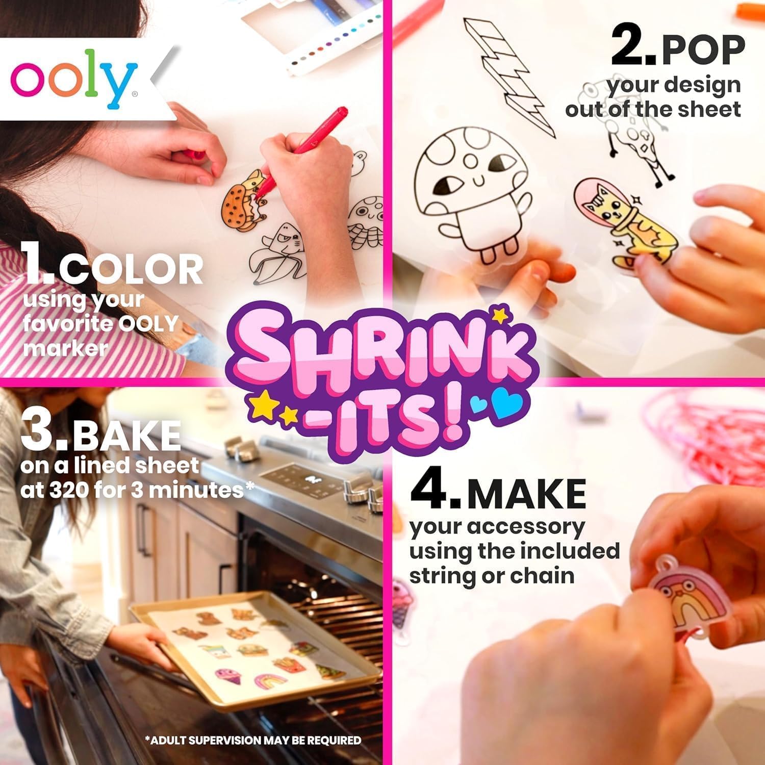 Ooly 74 PC DIY Shrinking Art Kit with 8 Paint Markers, Includes 48 Plastic Pre Cut Charms, 15 Colored Ball Chains and 2 Colored Cords, No Mess Creative Activity Jewelry Making Kit