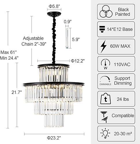Miniatura 2 de lighceac Candelabro de cristal moderno de 23 pulgadas y 14 luces, 4 niveles, color negro, de lujo, para comedor, sala de estar, cocina, entrada,