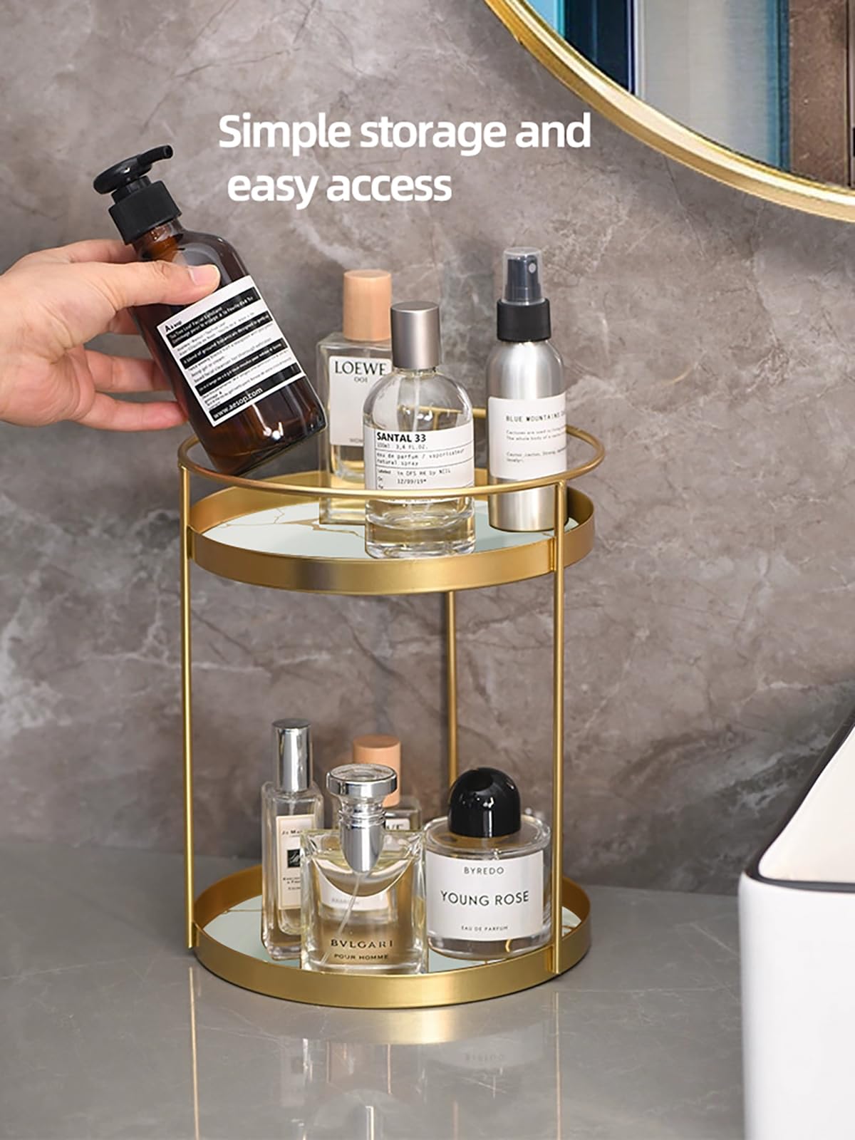 Metal Makeup Organizer for Vanity,Gold Perfume Organizer for Dresser- 2 Tier,Bathroom Countertop Skincare Organizer, Makeup Counter Shelf Perfume Holder Rack,Cosmetic Display Case (Gold, 2 Tier)