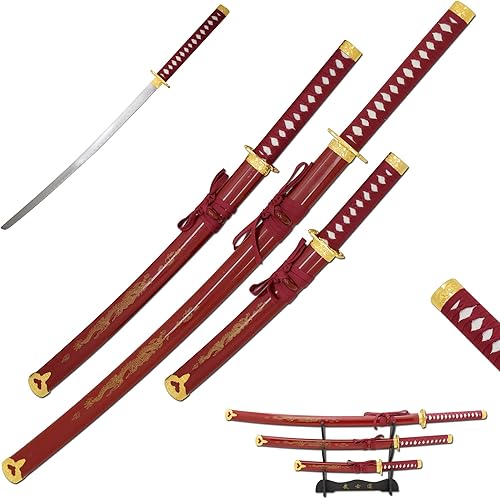 Snake Eye Tactical Juego de Katana Samurai de 3 piezas con diseño de dragón en dos tonos