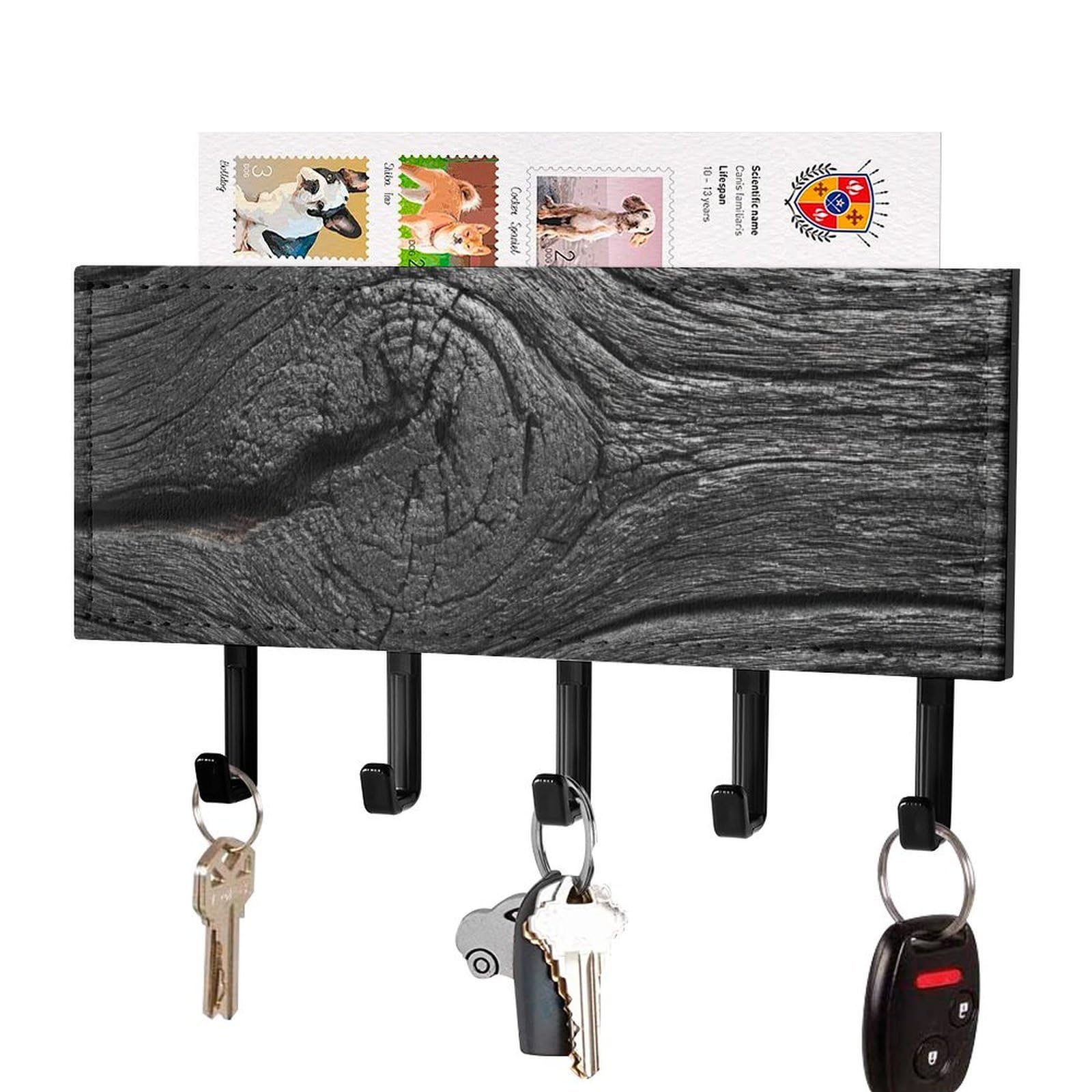 Jubonexis Retro Dark Black Wood Texture Wall Mount with 5 Hooks Acrylic Key Rack for Home Office Entryway