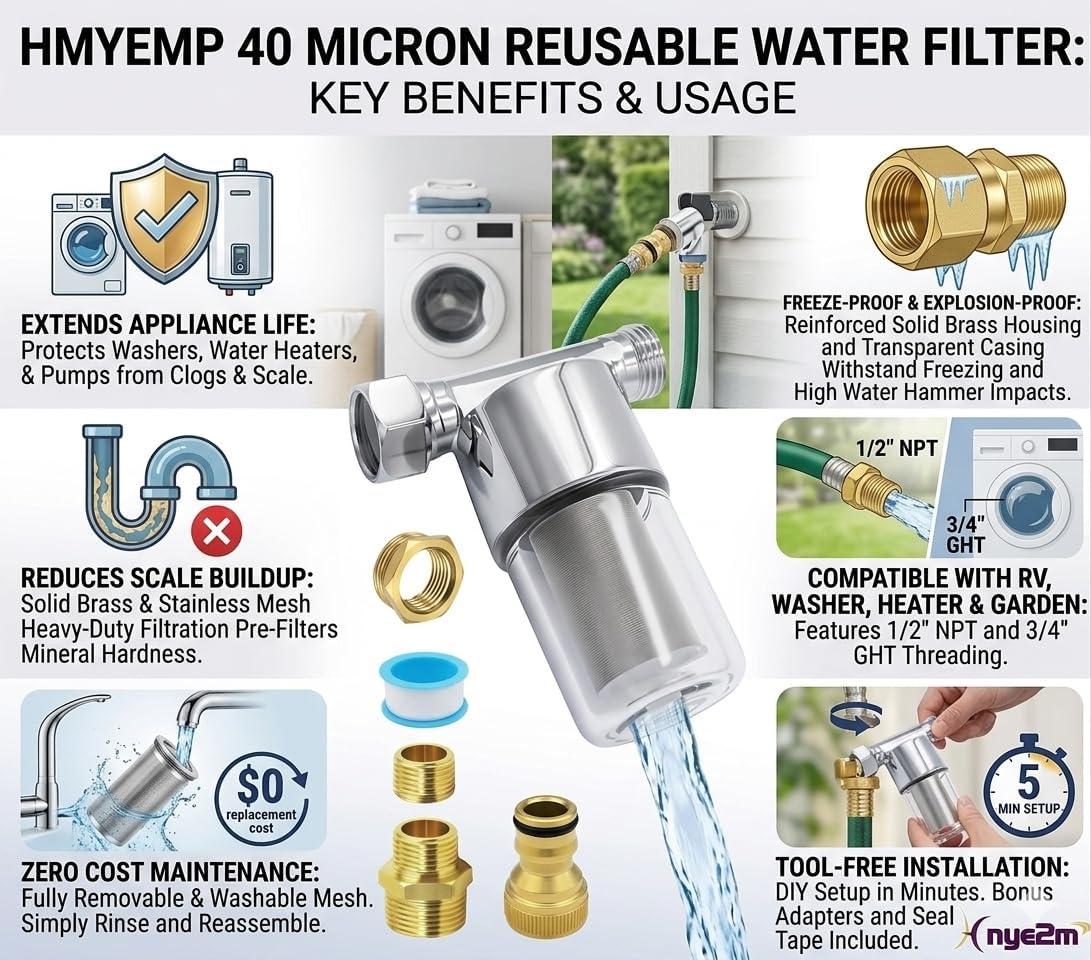 HMYEMP Reusable Brass Inline Water Filter, 40 Micron Sediment Filter for Washing Machine, RV & Heater, 3/4" GHT & 1/2" NPT, Lead-Free & BPA-Free
