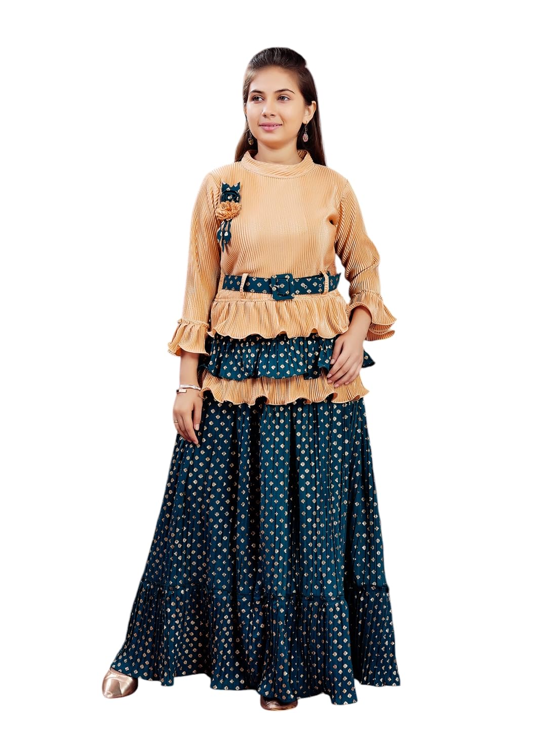 Aarika Girls Ethnic Wear Beige-Green Colour Foil Print Nylon Lehenga Choli Set With Belt (5-16 Years)