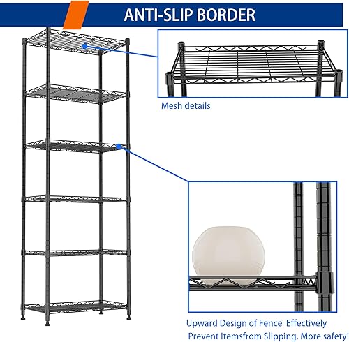 Miniatura 6 de REGILLER Estantería de alambre de acero con 6 estantes, unidad de almacenamiento ajustable para lavandería, baño, cocina, despensa, armario (Negro,