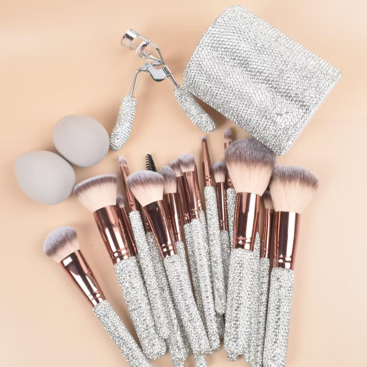 stlalsa-professional makeup brush set, 23 pieces, pink and white synthetic brushes with diamond handle, for powder, contour, eyeshadow application (plata)