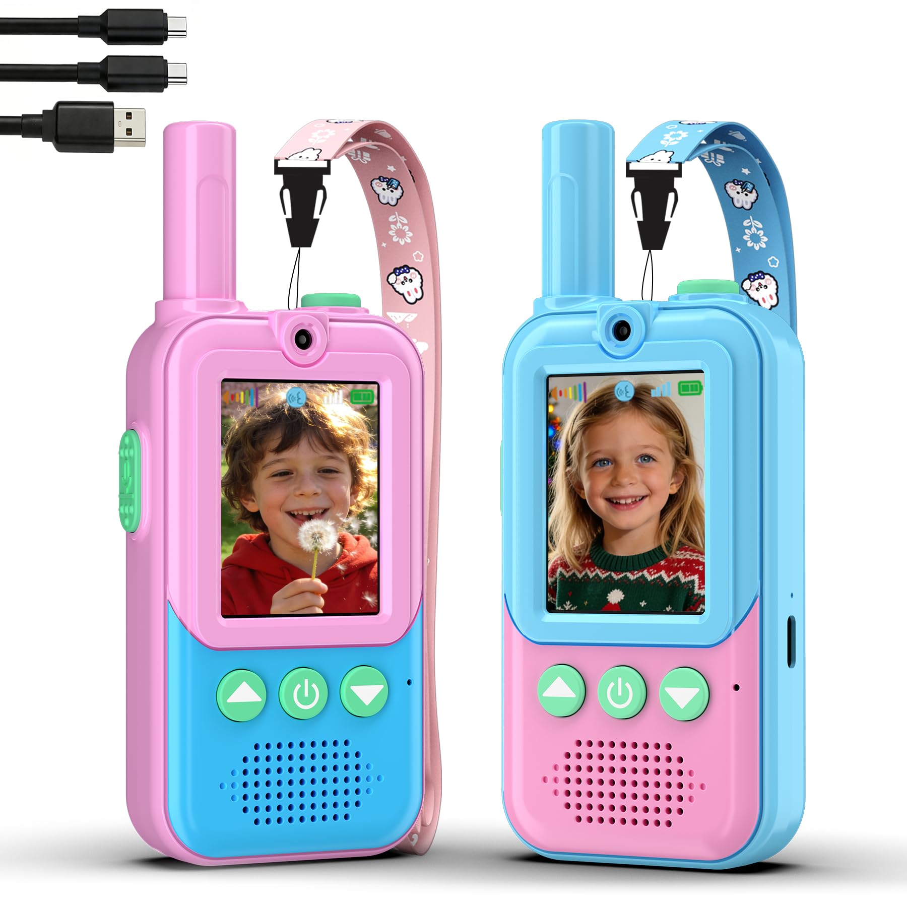 Video Walkie Talkie Kinder 2er Set,Kinder Walkie Talkies mit 4 Stimmeffekten&HD-Kamera,Walky Talky Kinder Aufladbar mit Weihnachten Geschenk Spielzeug3-12Jahren (Rosa-Blau)