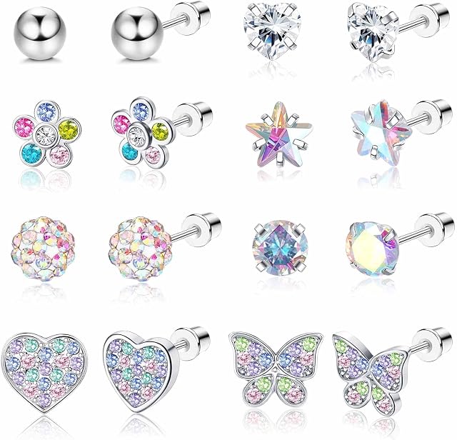 Diamday 8 Pairs Hypoallergenic Screwback Earrings for Girls Women 316L Stainless Steel CZ Flower Heart Butterfly Screw Back Pink Multicolored Stud Earrings Set