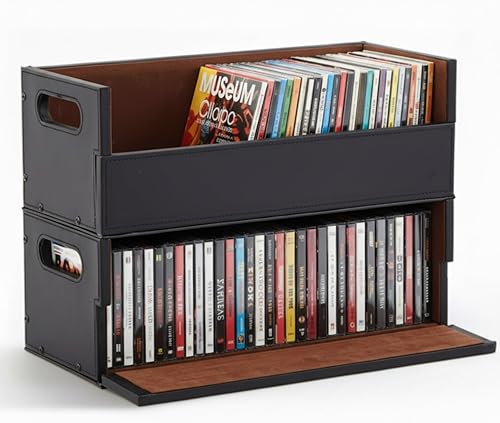 Juego de 2 cajas de almacenamiento de CD de cuero para CD, estantes organizadores de estante de películas, soporte de exhibición de cinta de casete