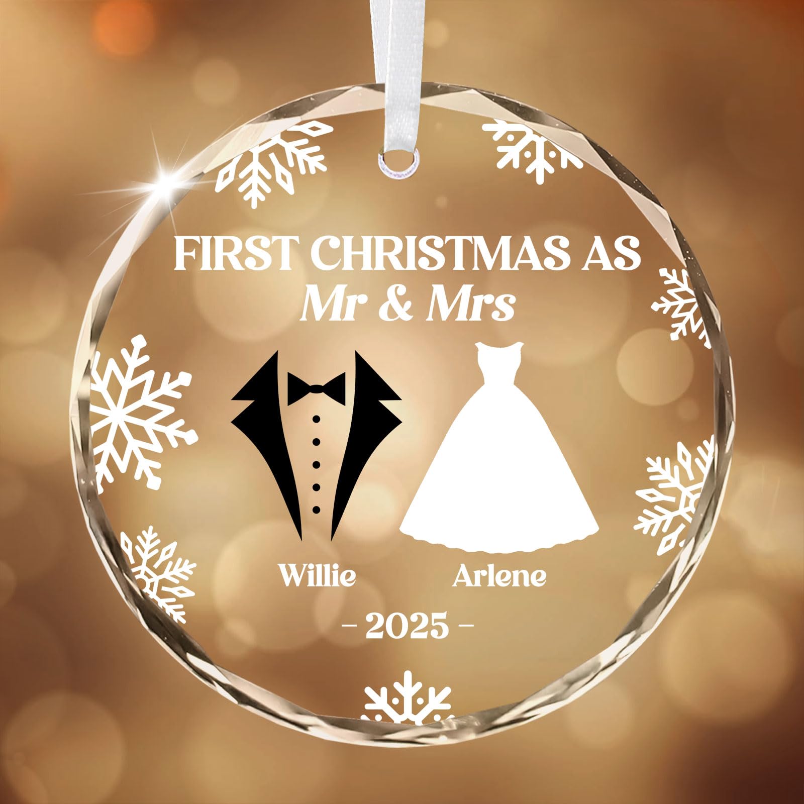Our First Christmas as Mr & Mrs Bauble Ornament, Custom Crystal Photo Ornaments for Xmas Gifts, Christmas Tree Decoration for Bride, Paar — image 1