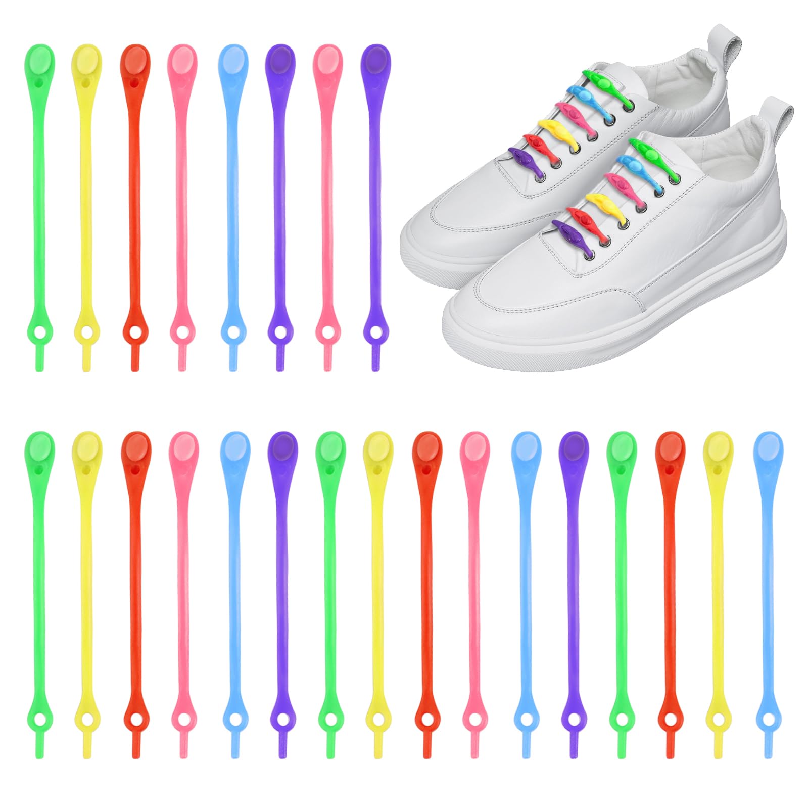 Beehug 24 Pcs Lazy Elastic Shoelaces, Portable Silicone Shoe Laces for Kids and Adults, No Tie Shoelaces for Sneaker Boots Board Shoes and Casual Running Shoes - Waterproof Tie Free Elastic