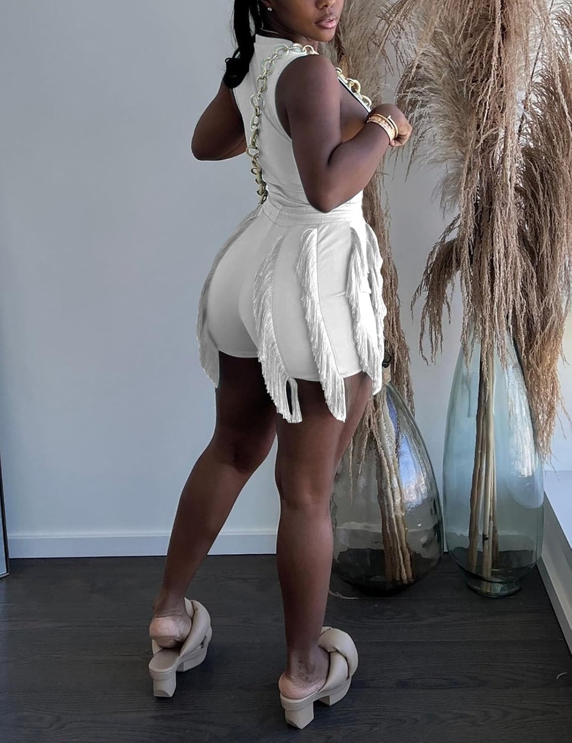 MESLIMA Short Sets for Women Sexy 2 Piece Outfits Solid Sleeveless Crop Tops Fringe Shorts Sets Party Jumpsuits - Image 2