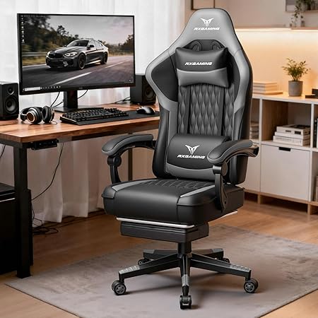 RXGAMING ゲーミングチェア オフィスチェア イス 椅子 テレワーク 疲れない 幅広座面 デスクチェア オットマン付き ゲーム用チェア145°リクライニング テレワーク パソコンチェア 座り心地よい 収納便利 (Grey)