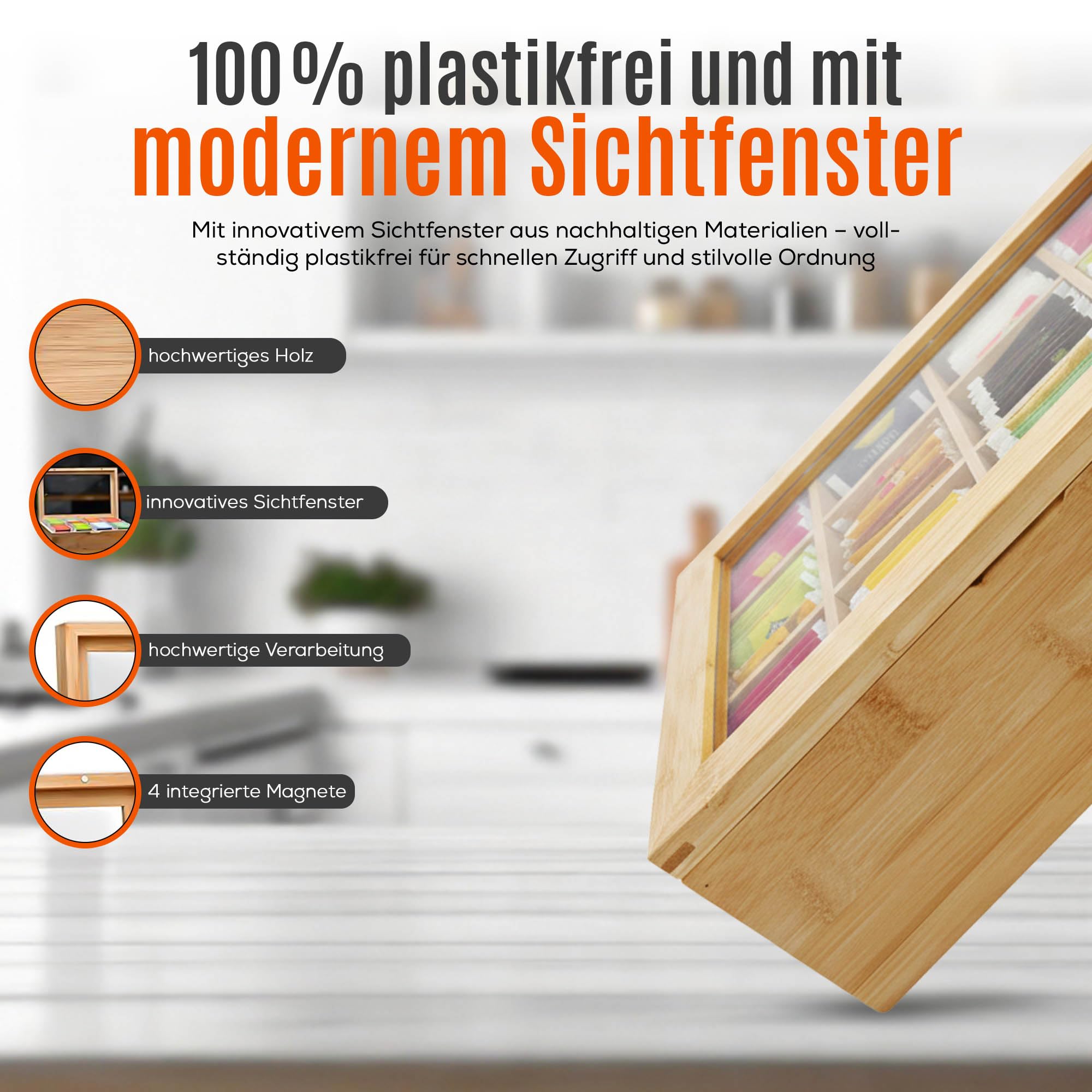 AH® Teebox aus Bambus mit 12 Fächern – Teekiste zur Teebeutel Aufbewahrung mit Sichtfenster & Magnetverschluss, HBT: 9 x 29 x 24 cm, Natur