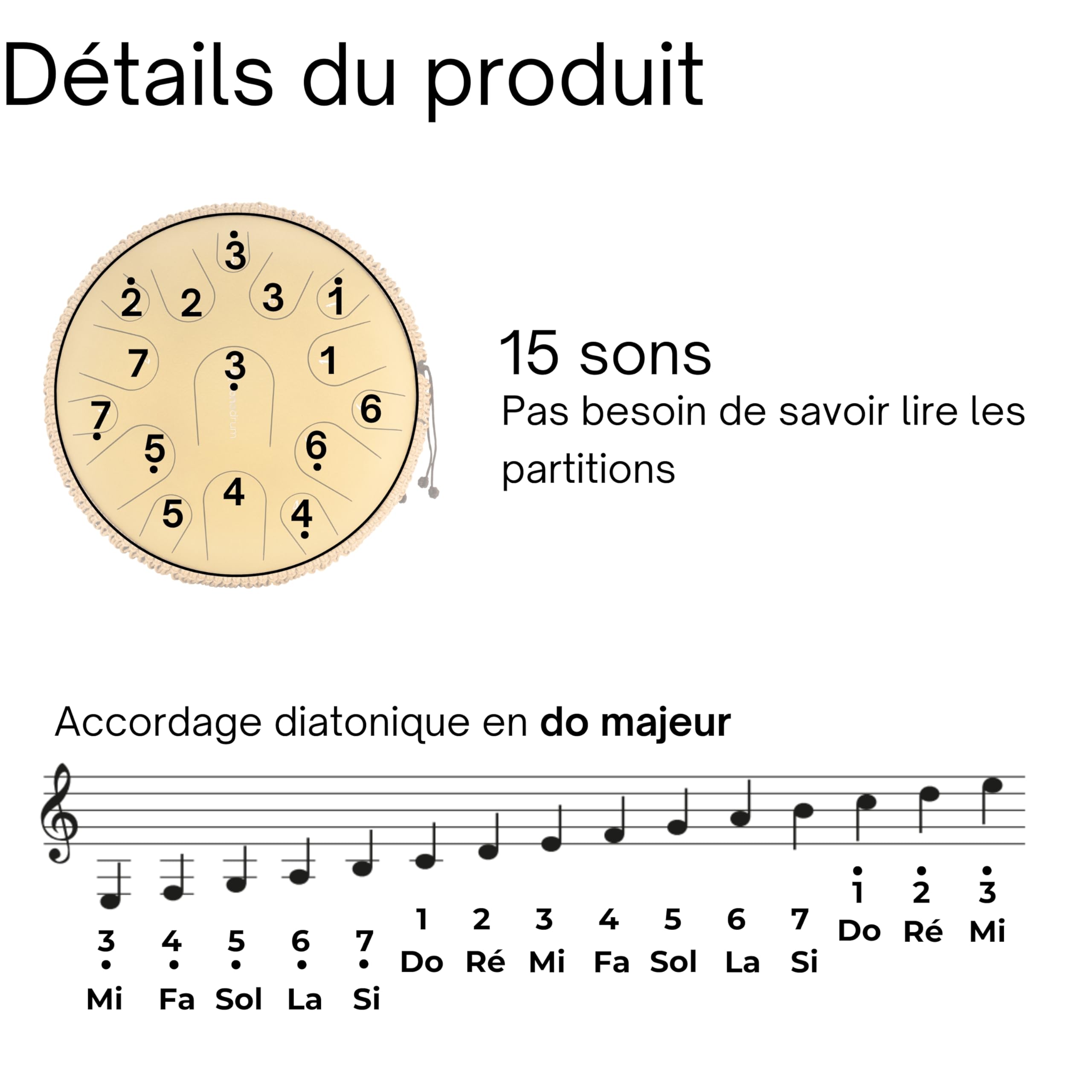 Steel Tongue Drum « Premium » do majeur en violet - 14 pouces avec 15 sons - Tambour à langue en acier avec livre de partitions, mailloches et sac. Savoir jouer des notes n'est pas nécessaire
