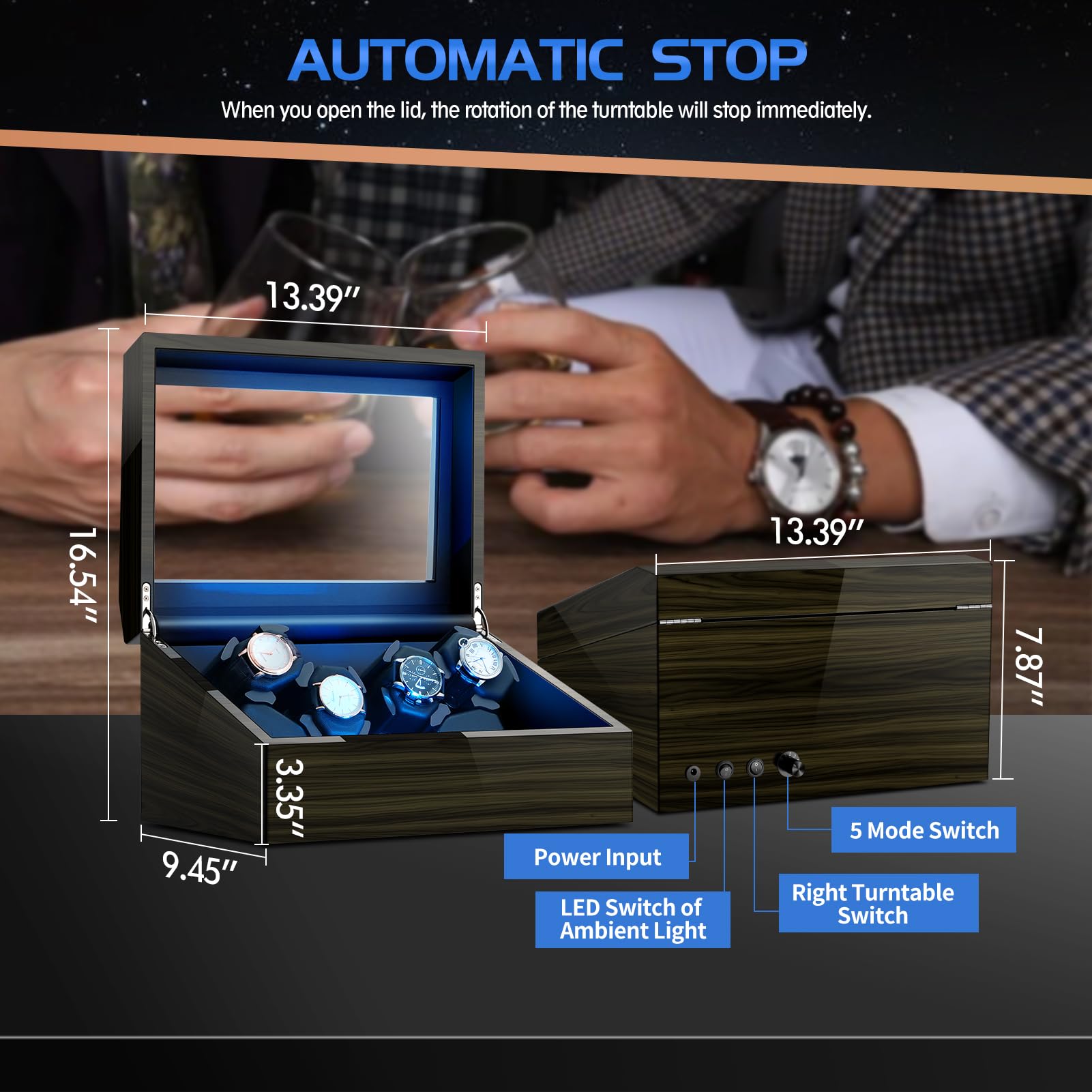 6 Uhr Wickler mit 6 Uhren Lagerung Automatische Uhren Uhrenbeweger für automatische Uhren mit Eingebautem LED-Licht USB Powered Ultra Leise Motor Klavier Lack