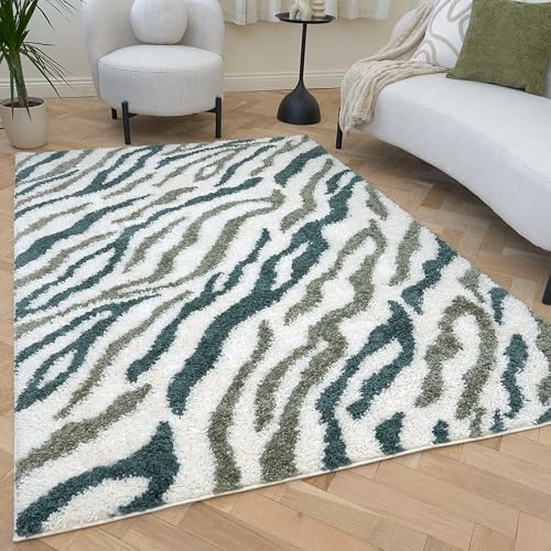 THE RUGS Soft Shaggy Area Rug – Modern Patterned Carpet for Living Room & Bedroom, Extra Plush, Easy to Clean, Zebra Pattern Design (80x150 cm, Forest & Sage Green)