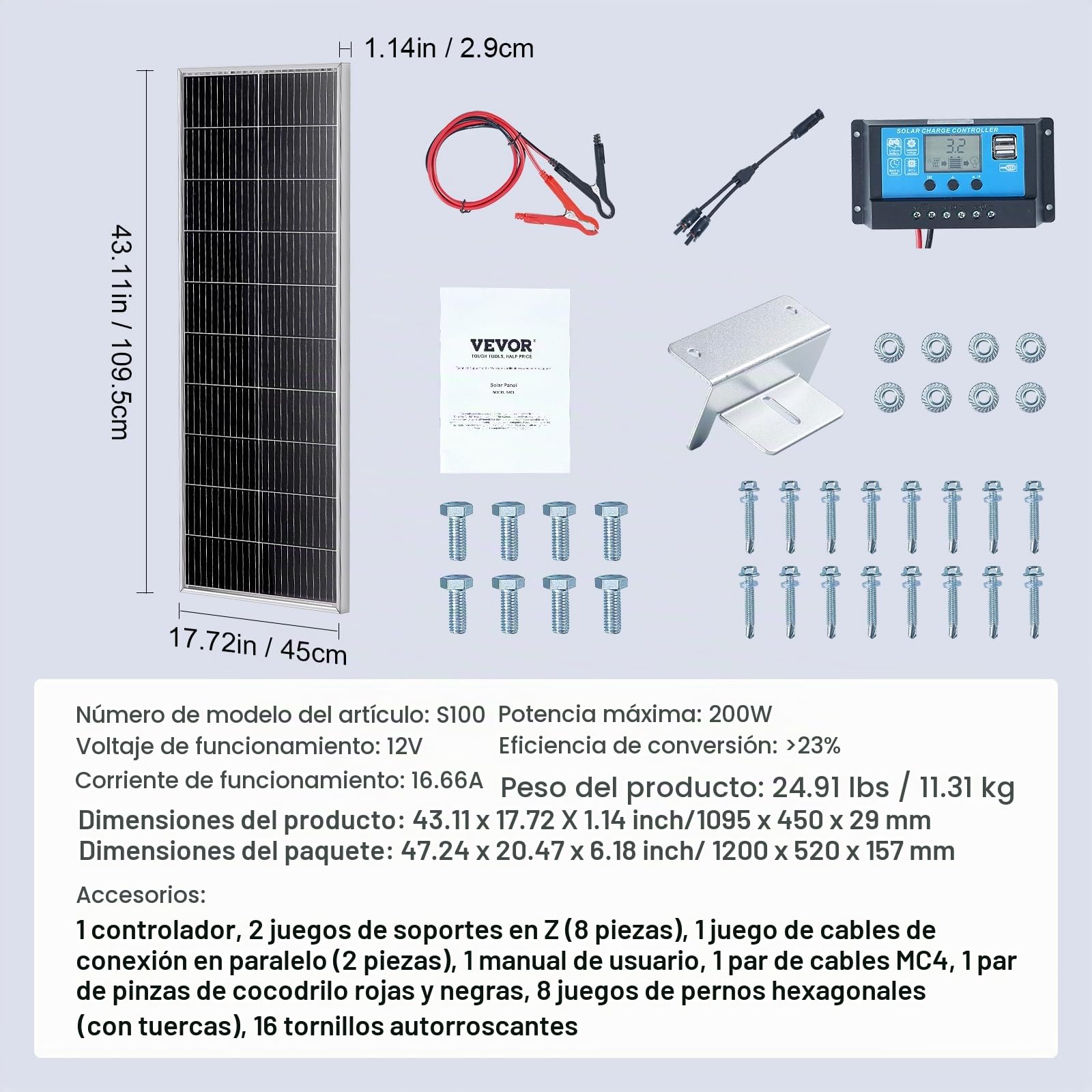 VEVOR Kit de Panel Solar Monocristalino 200W 2 Paneles Solares y Controlador de Carga Módulo Fotovoltaico Monocristalino de Alta Eficiencia 23% Impermeable IP68 para el Hogar, RV, Barco, Fuera de Red