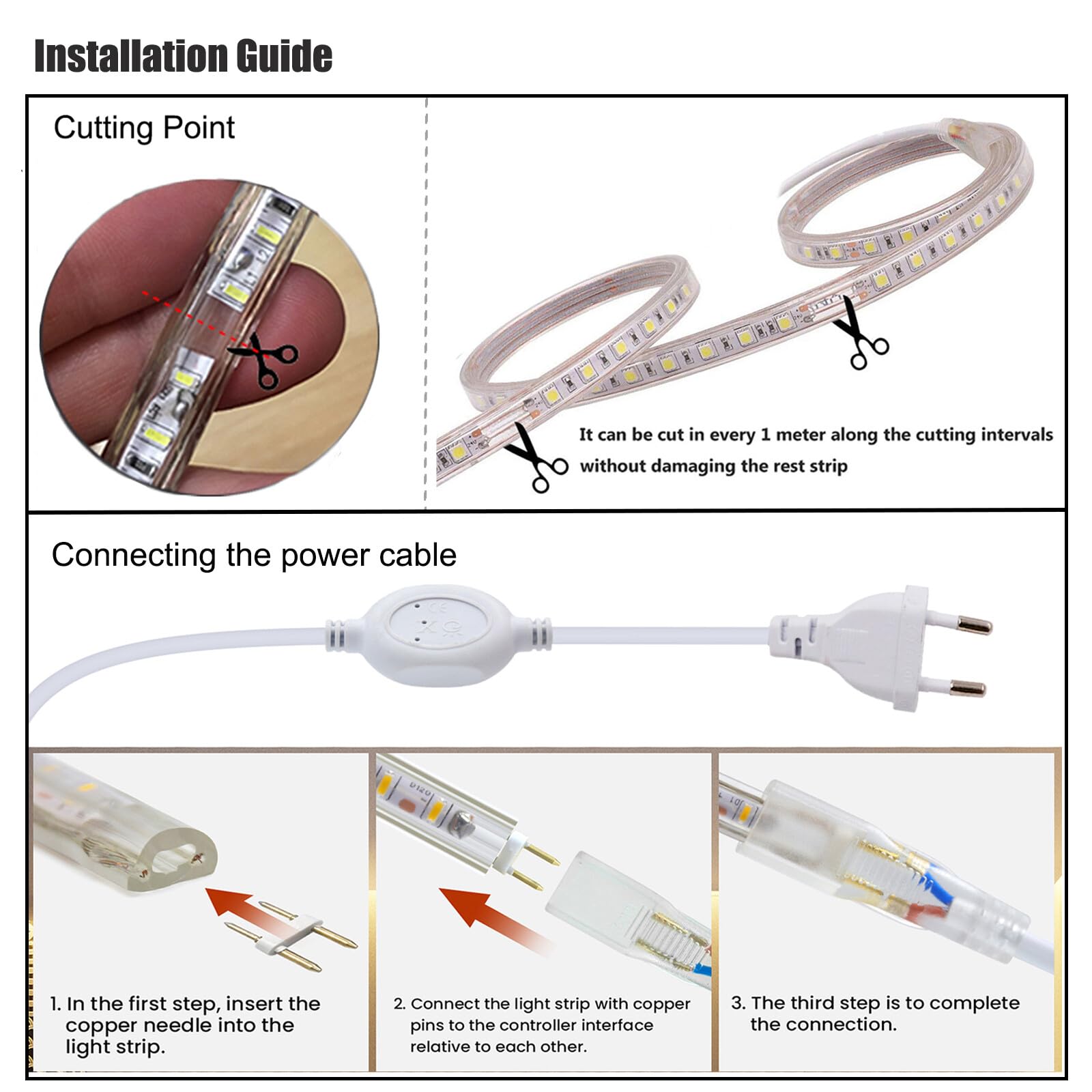 XUNATA 2m 220V Tiras LED, SMD 3014 120LEDs/m, IP67 Impermeable, Escalera de Techo Blancas Tira de LED Cocina Cable Luces LED Blanco calido