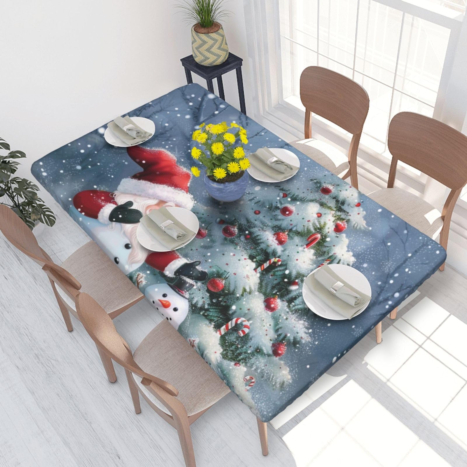 DCARSETCV Christmas Santa Snowman Printed 4FT Waterproof Tablecloth with Elastic Edged Protect & Decor Your Table, Oil-proof Washable Table Cloth Cover for Dinner Picnic Party