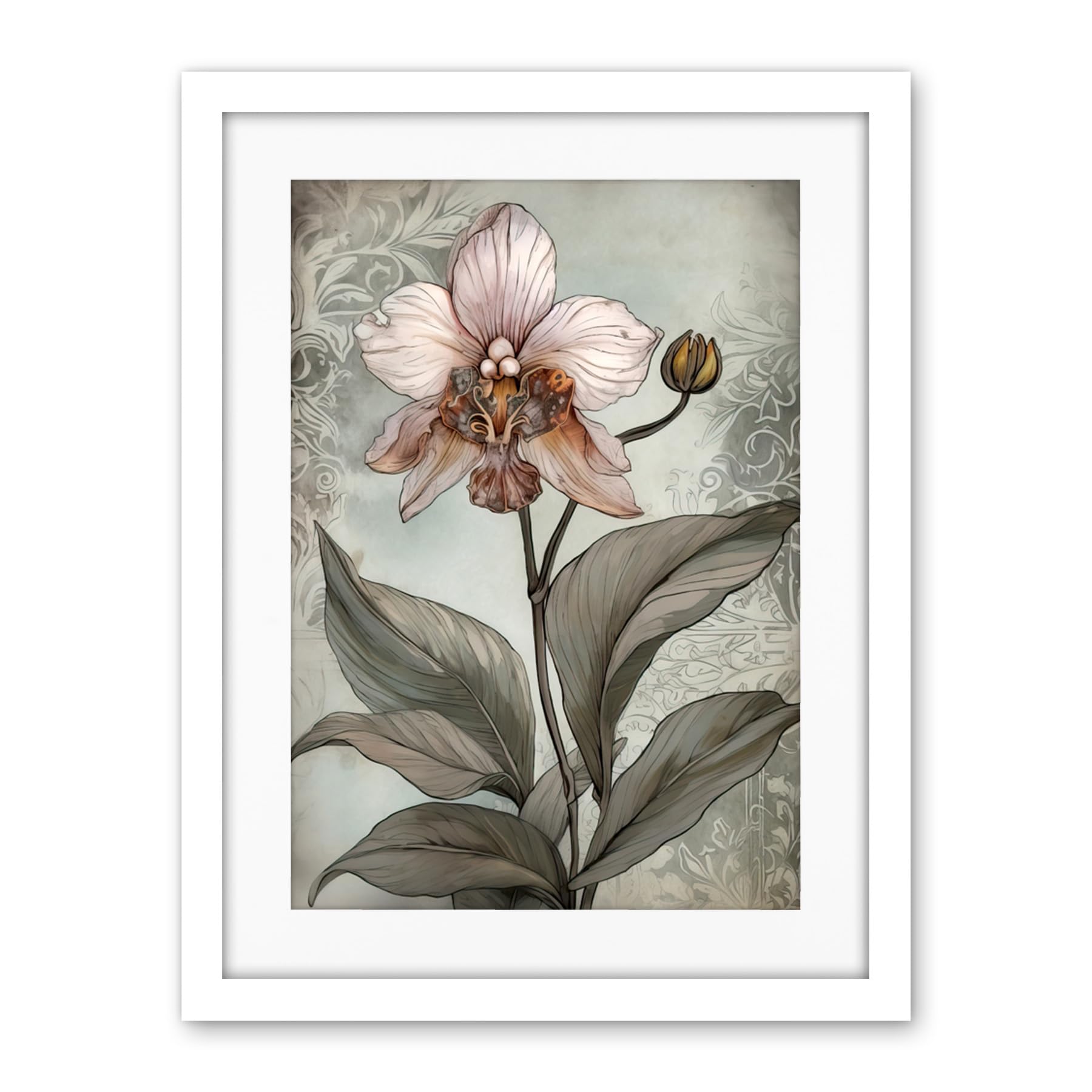 Artery8 Art Nouveau Pink Orchid Bloom Flower Watercolour Artwork Framed Wall Art Print 18X24 Inch