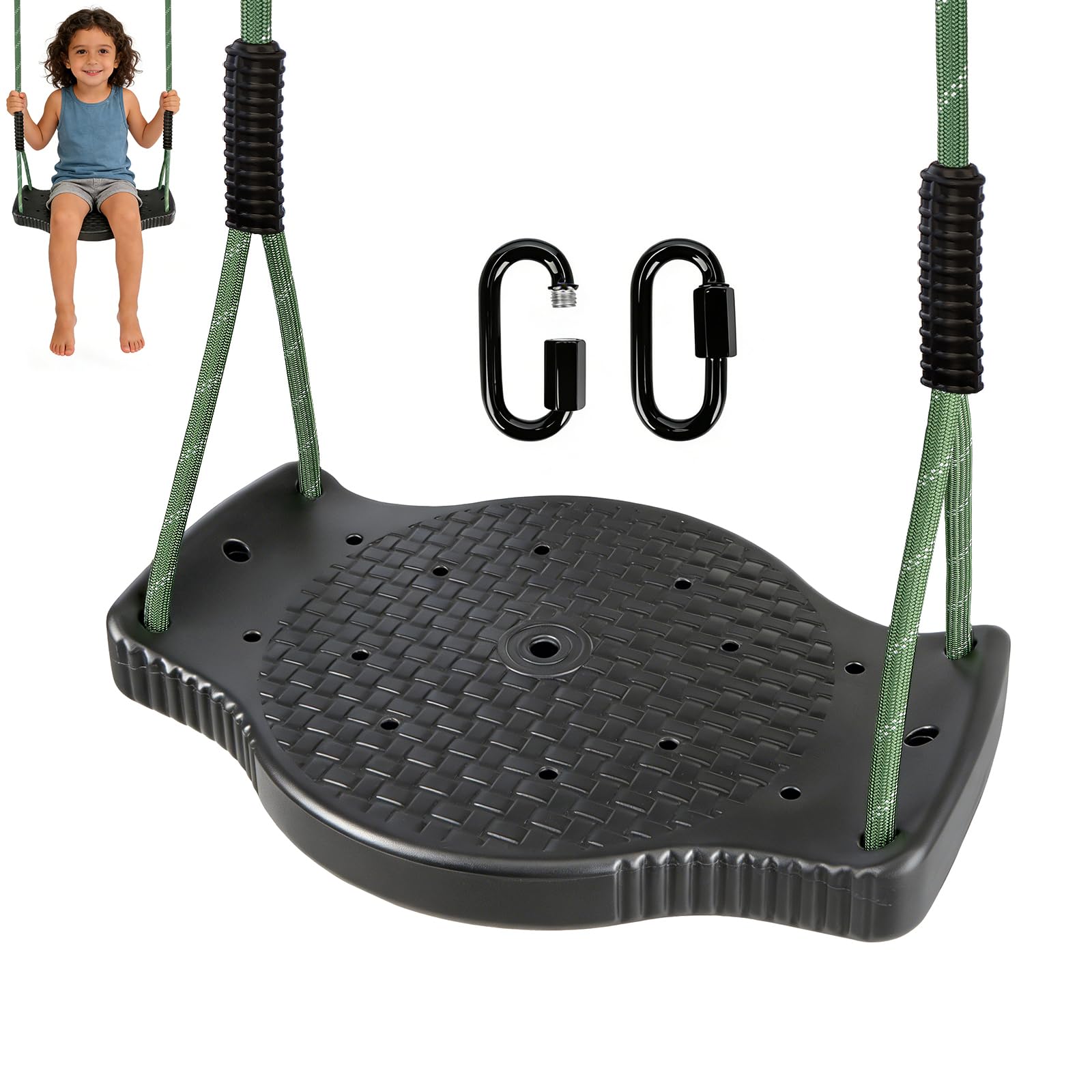 Dakzhou Swing Seat, Swing Garden with Adjustable Rope With 2 Carabiner, Swings Accessories for Kids, Teens, Adults, Outdoor & Indoor (Black)