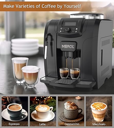 Miniatura 7 de MEROL Máquina de café espresso totalmente automática, cafetera de 19 bares, molinillo ajustable integrado y espumador de leche manual varita de