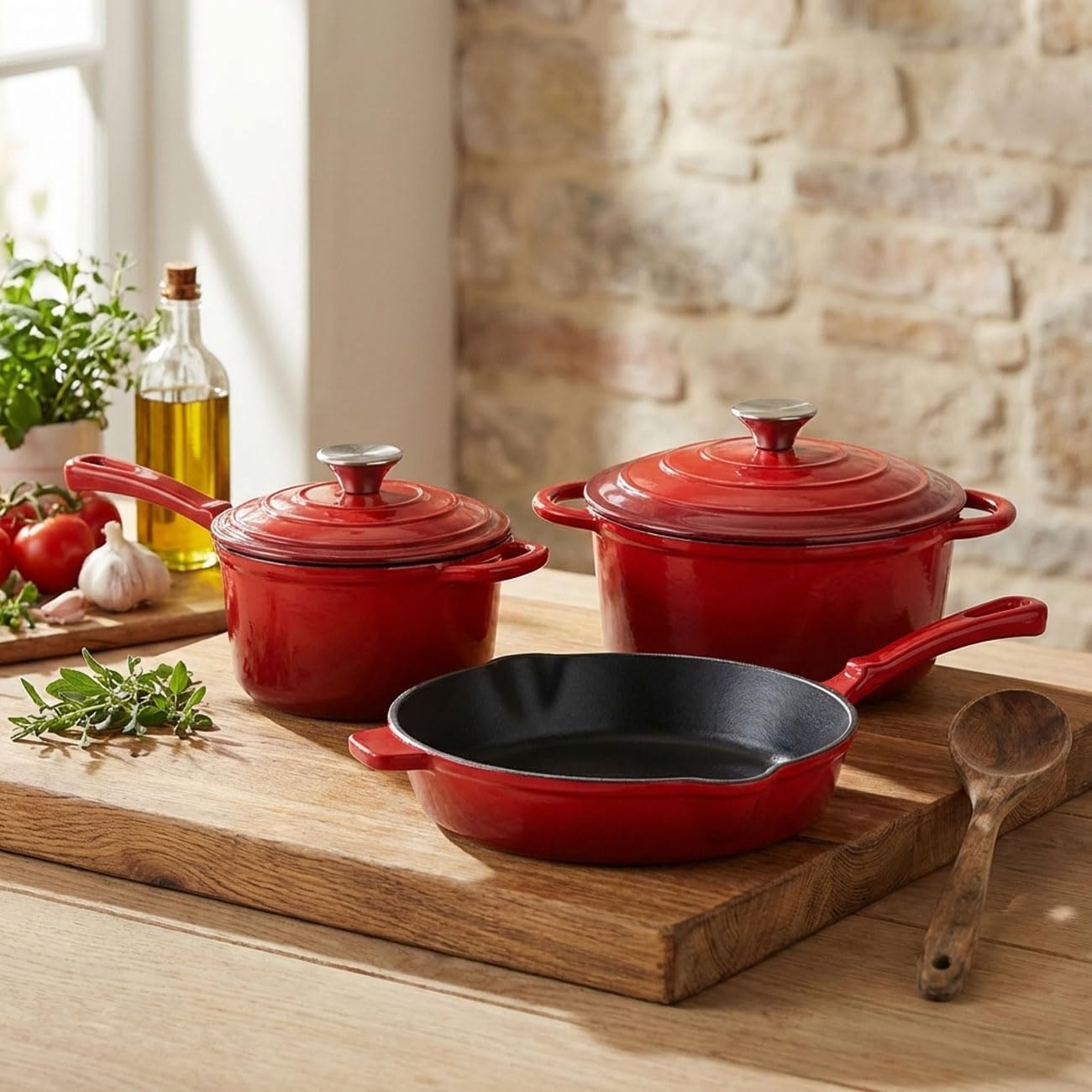 Gusseisen Topfset 3-teilig emailliert - Set aus Pfanne Kochtopf & Stielkasserolle - Für Induktion & Backofen - Profi Kochgeschirr Set - Langlebig & Robust - Alle Herdarten