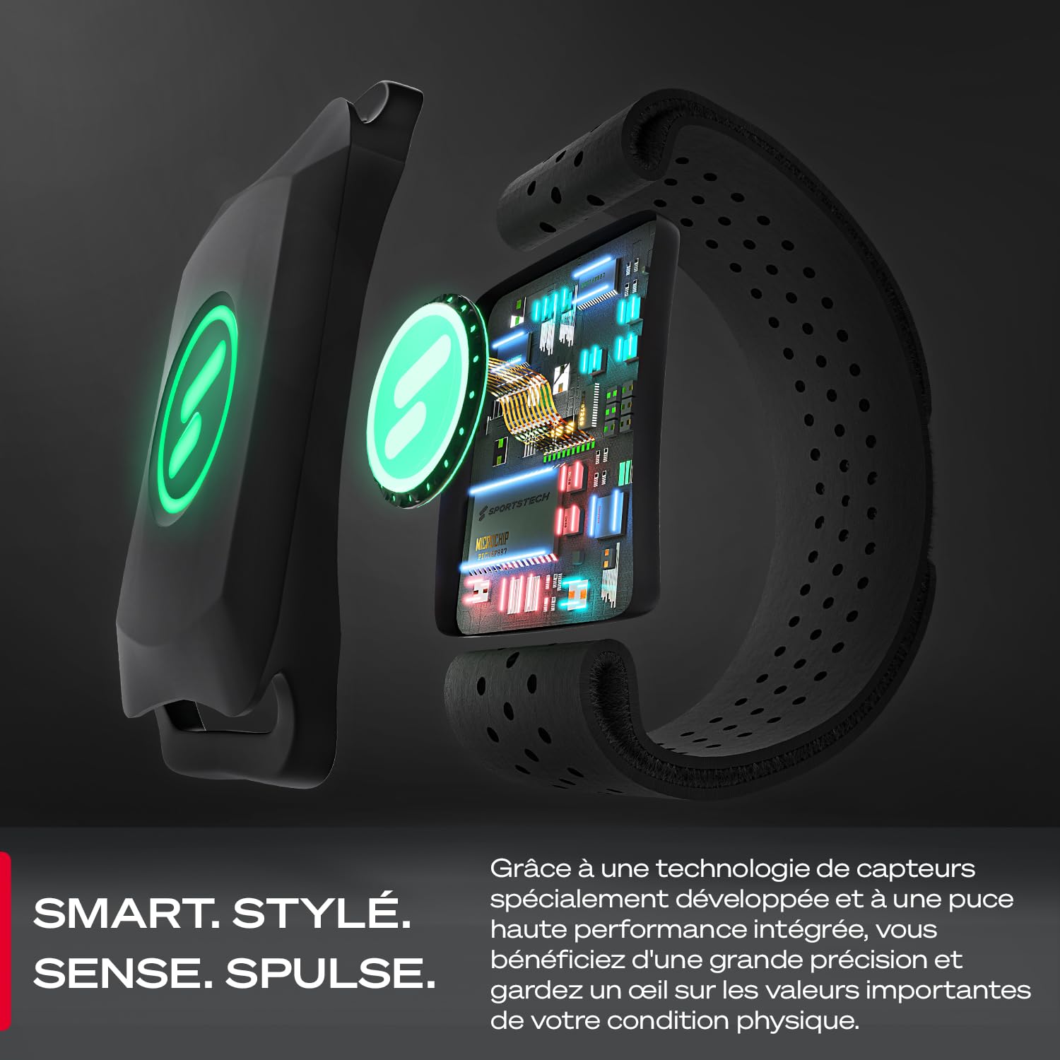 Sportstech Cardiofréquencemètre sPulse avec Bracelet Bluetooth et capteur LED | Smart HRM Cardiofréquencemètre sans Sangle de Poitrine Fitness Podomètre Sense Run