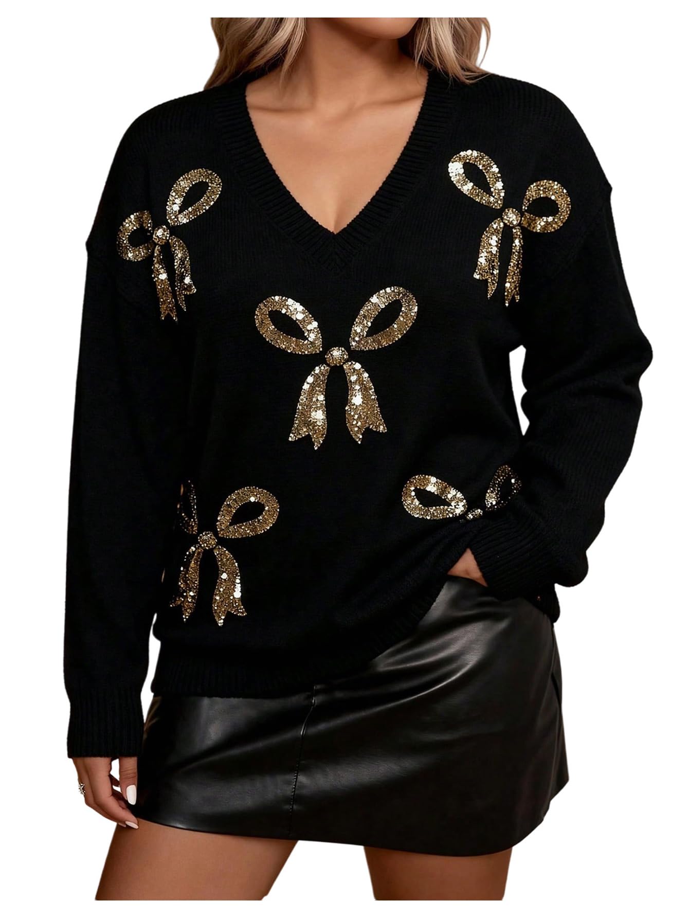 Womens Plus Size Bow Sequin Baggy Sweater Long Sleeve V Neck Chunky Sweater Sparkly Knitwear Going Out Tops